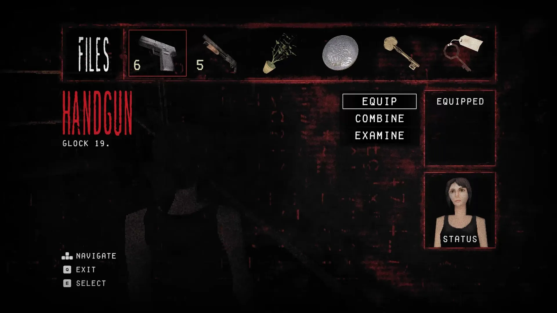 SANGRA: Inventory menu showing handgun, herbs, and keys with character status in a dark interface