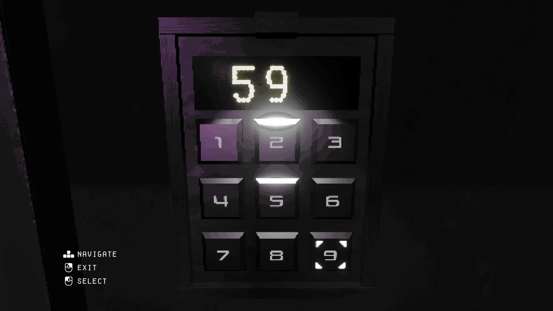 SANGRA: Numeric keypad puzzle interface with dark background and controls for navigate, exit, select