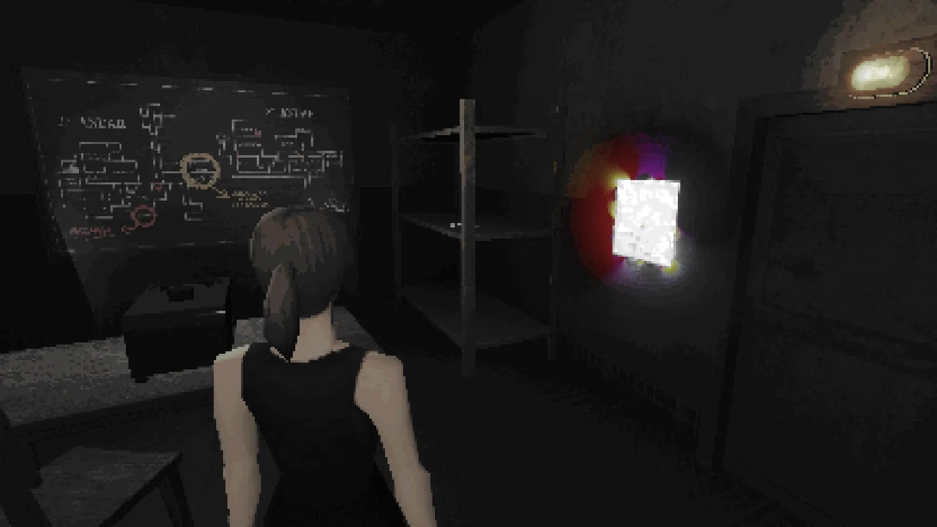 SANGRA: Character examines a dimly lit room with a chalkboard map and a glowing note on the wall.