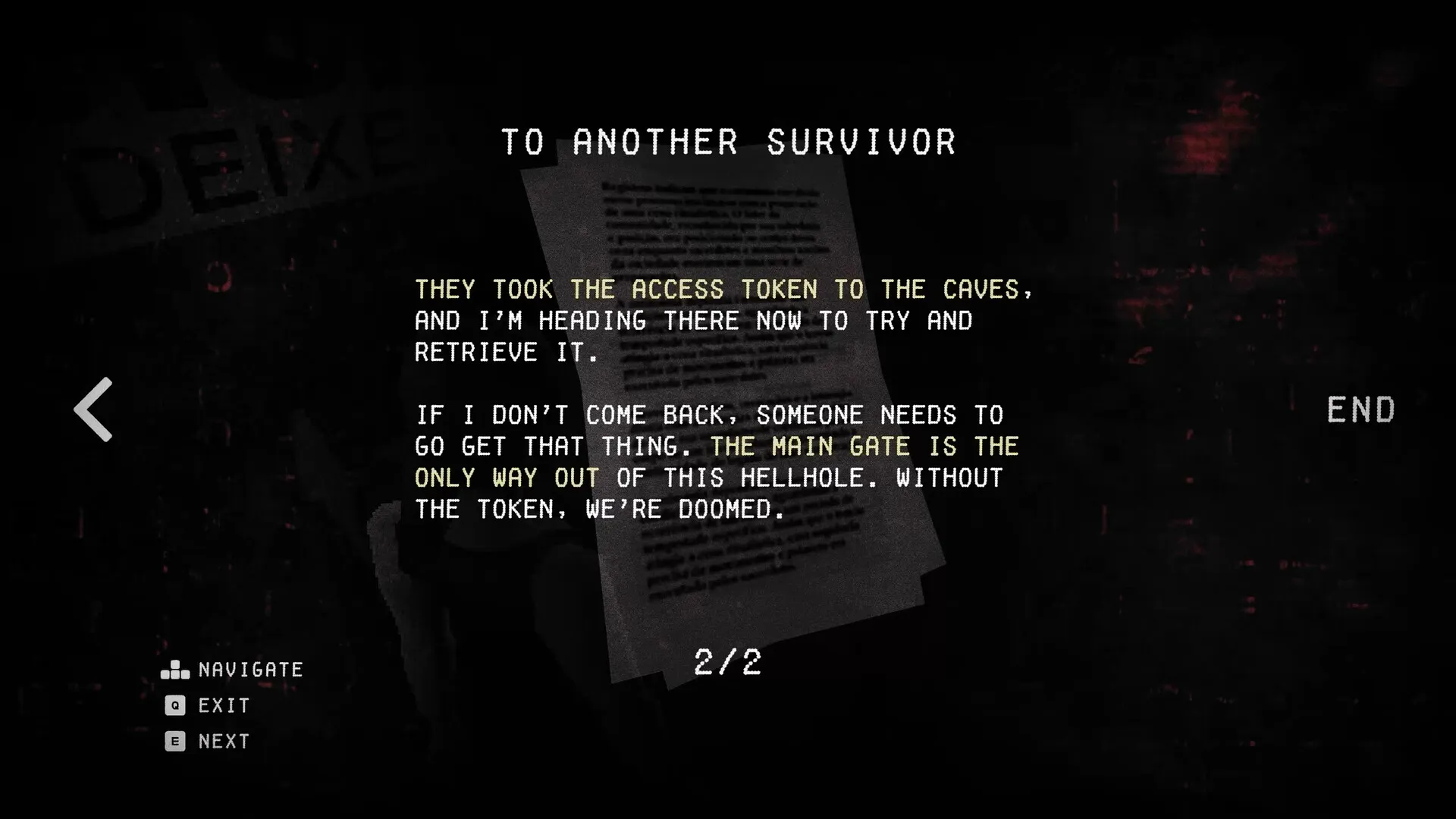 SANGRA: On-screen letter to survivor about retrieving access token, with UI navigation options visible.