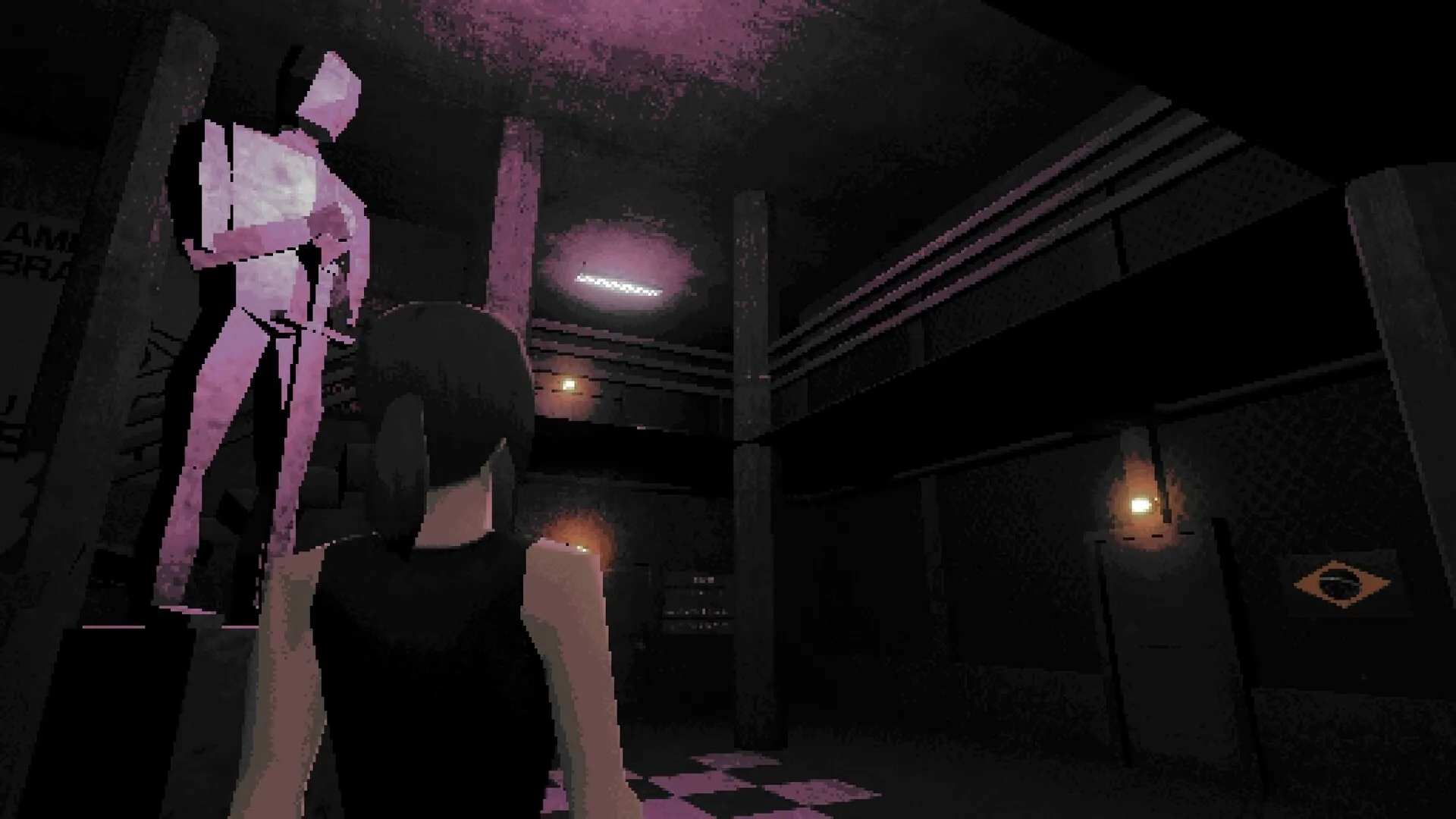 SANGRA: Player explores eerie corridor with large pink statue and dim lighting in abandoned facility.