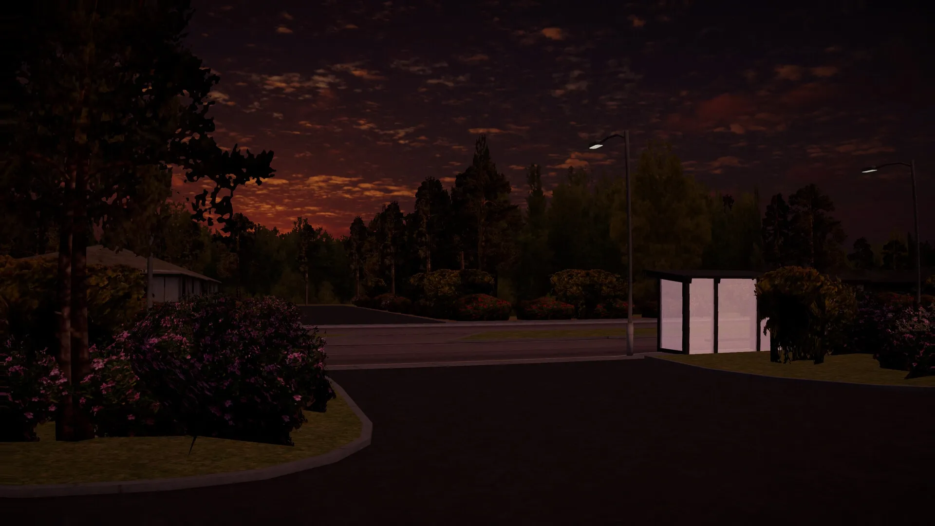 Sanity Loops: Empty suburban street at dusk with a bus stop and streetlights illuminating the dark scene