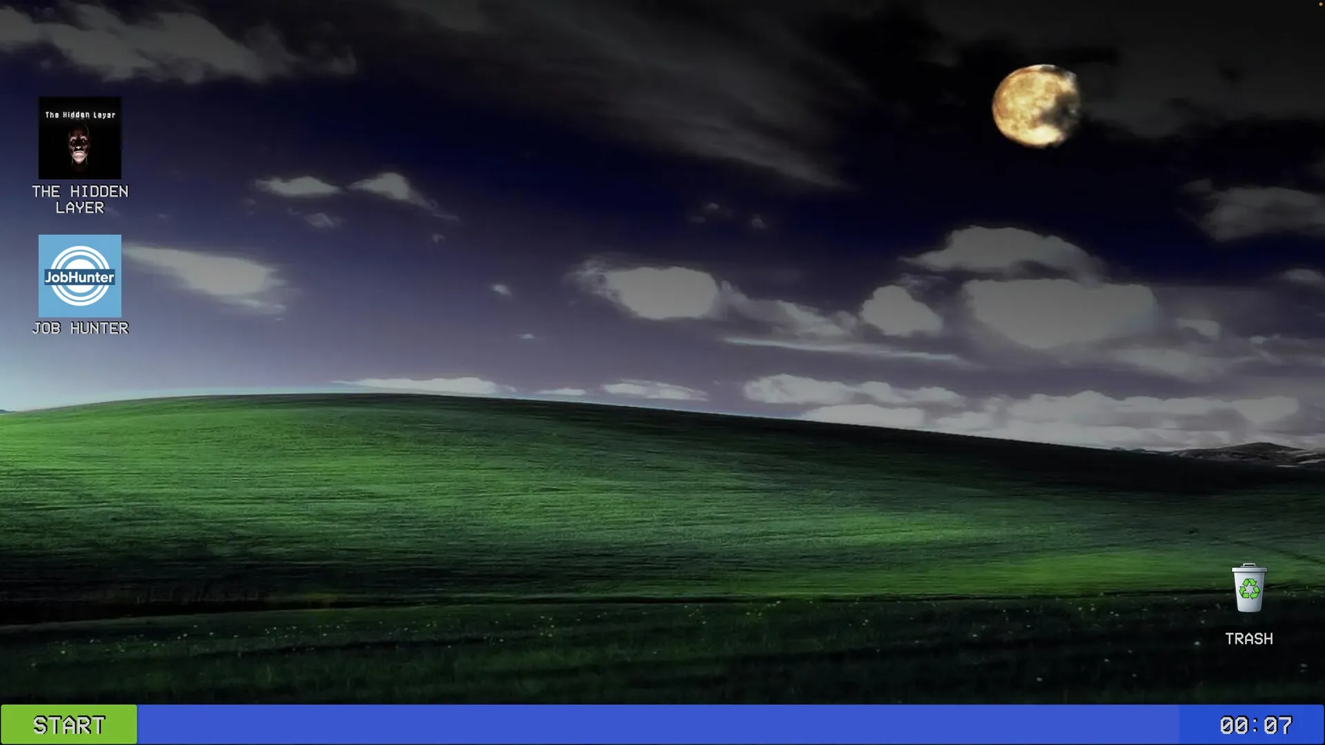Sanity Loops: Desktop interface with moonlit sky, game icons, and start button at bottom of screen