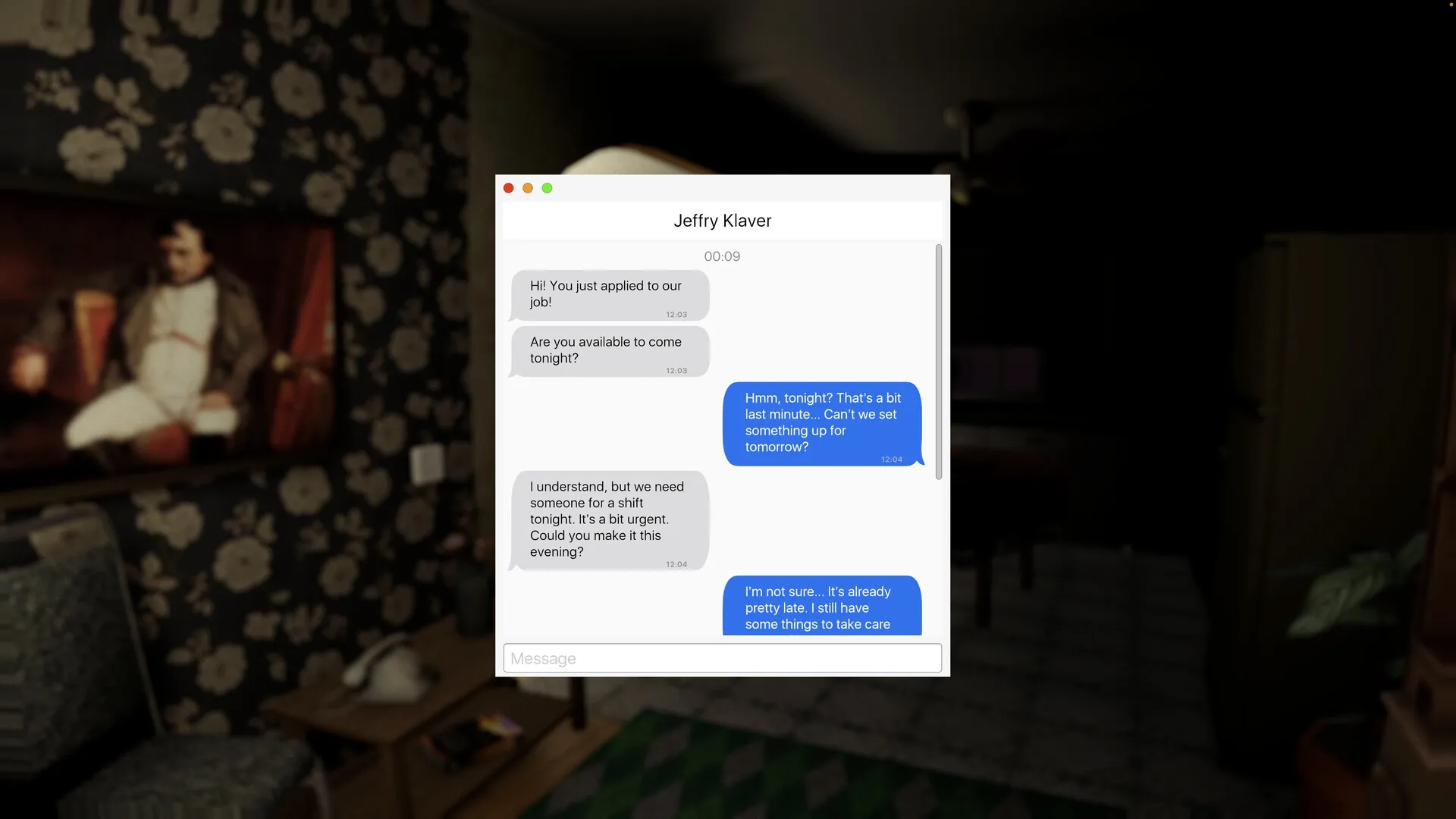 Sanity Loops: Text conversation on laptop screen in dimly lit room with floral wallpaper and painting