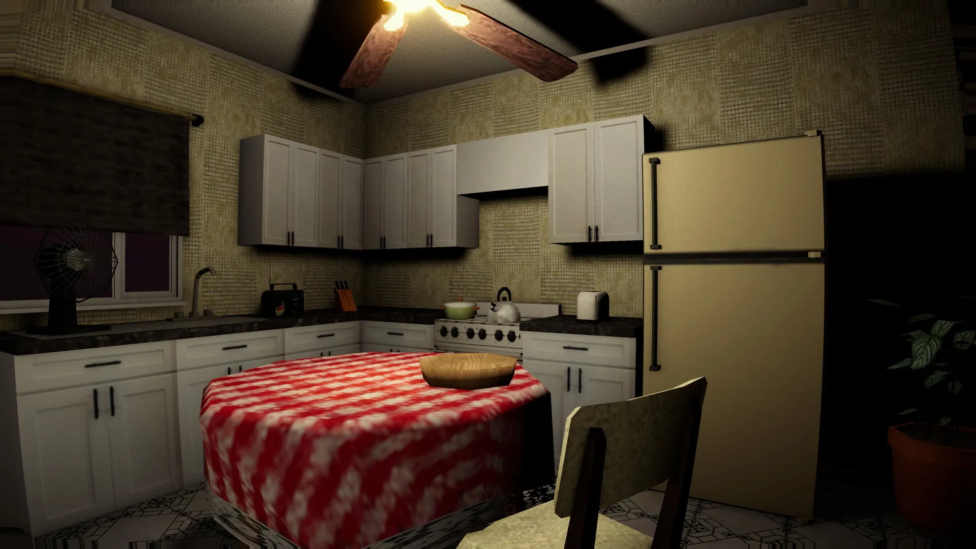 Sanity Loops: Dimly lit kitchen with checkered tablecloth, retro appliances, and a ceiling fan spinning