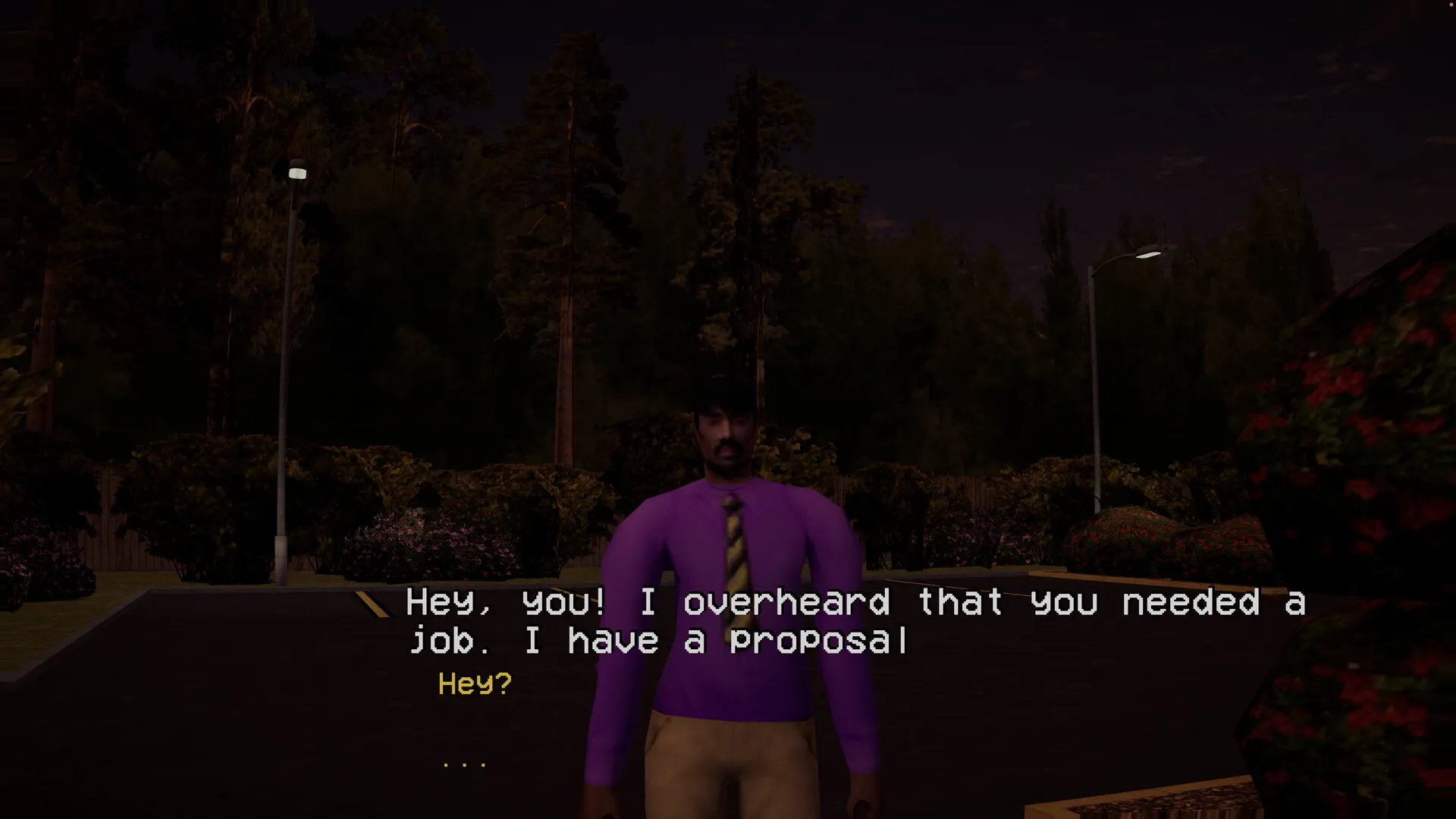Sanity Loops: Character in purple shirt offers job proposal in dark parking lot with trees and streetlights