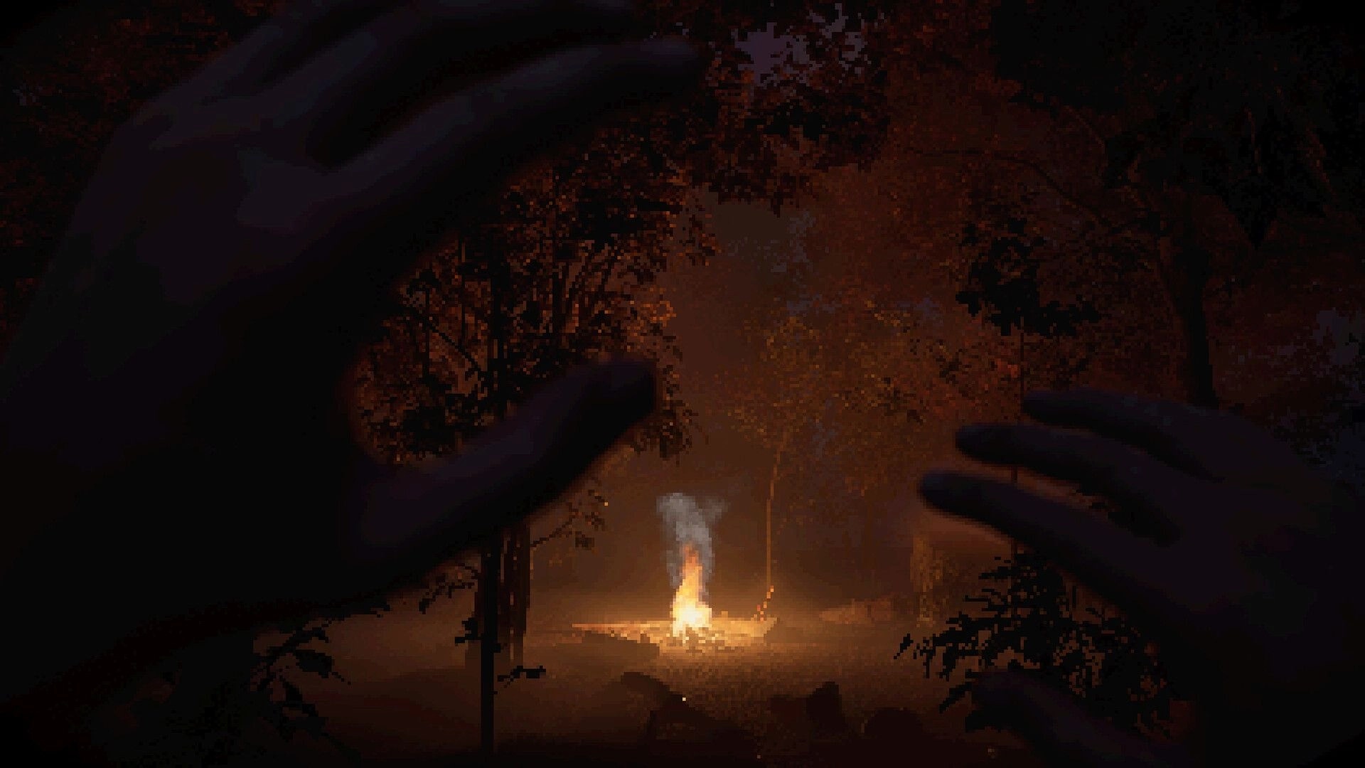 Satanic: Hands reaching out towards a campfire in a dark, eerie forest setting