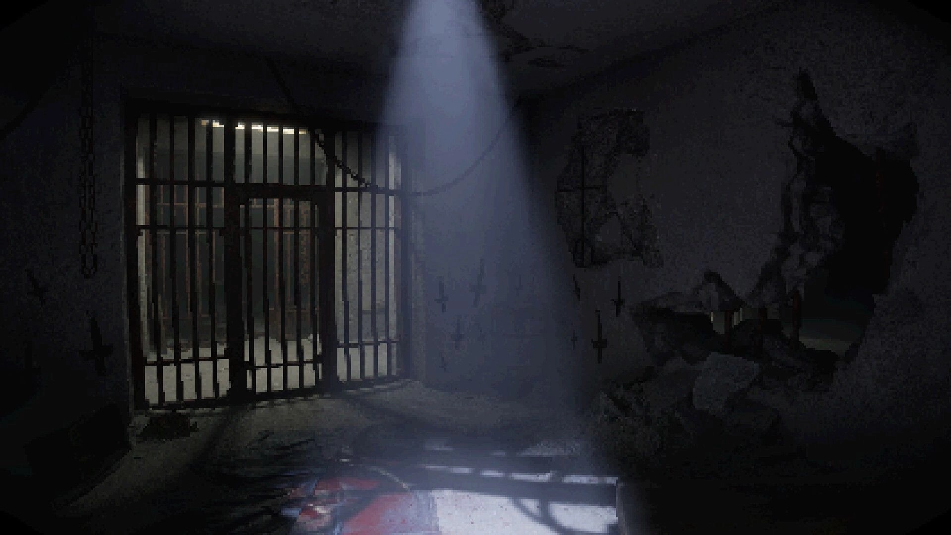 Satanic: Dimly lit cell with barred door, chains, and mysterious symbols on cracked concrete walls.