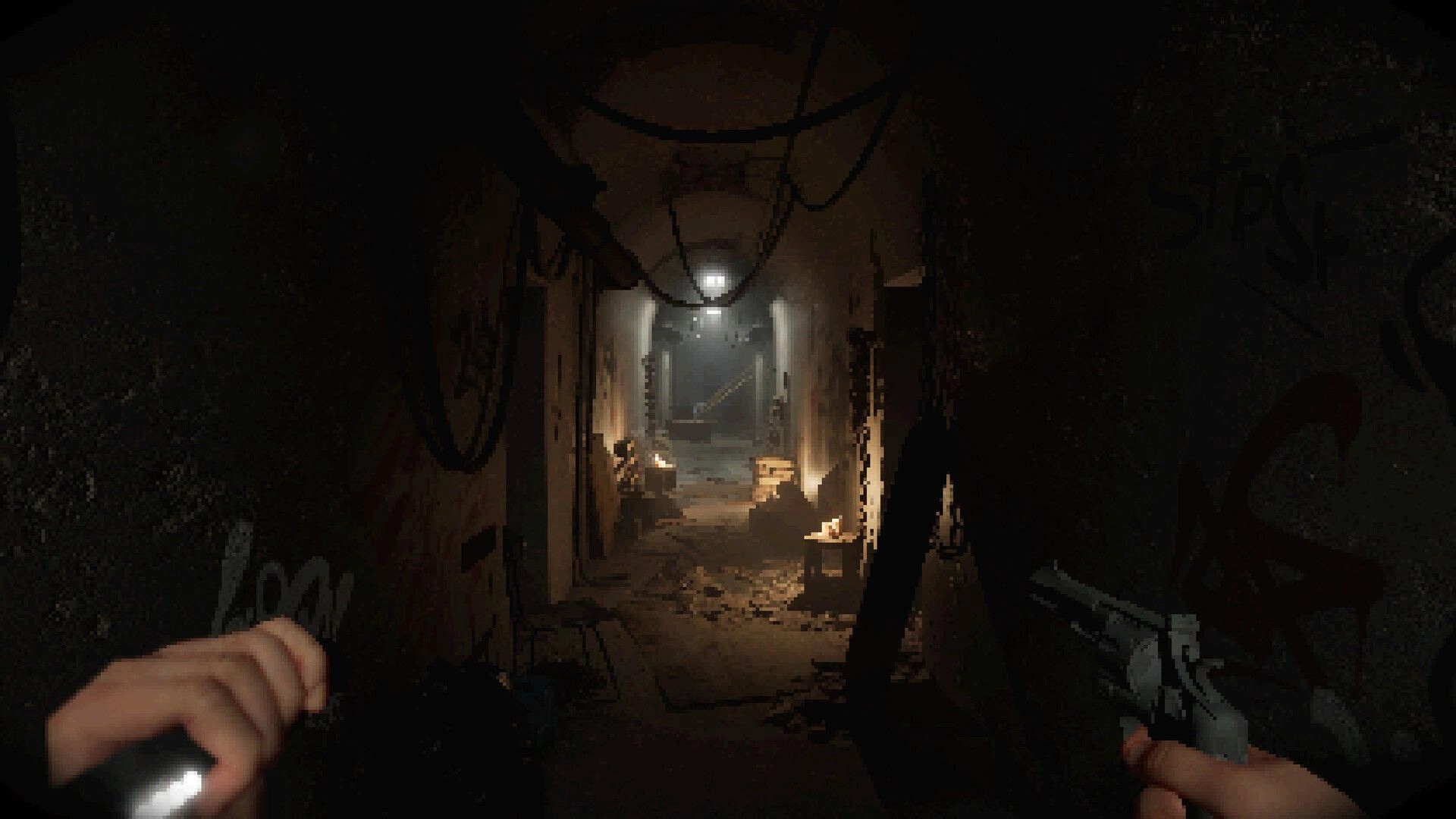 Satanic: Player holds flashlight and gun in a dimly lit corridor filled with debris and flickering lights.