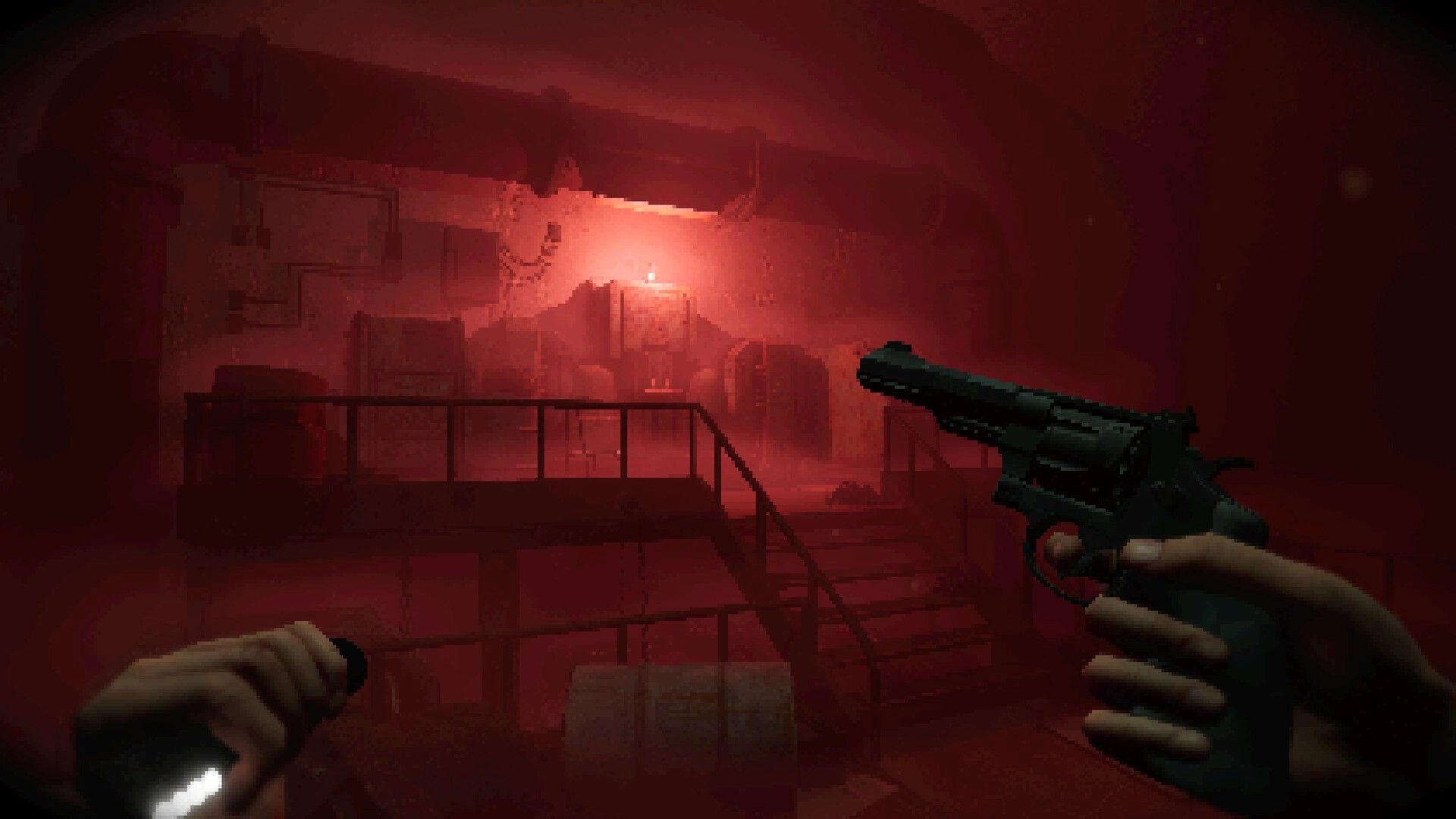 Satanic: Player holds flashlight and revolver in dimly lit bunker with red glow and stairs visible