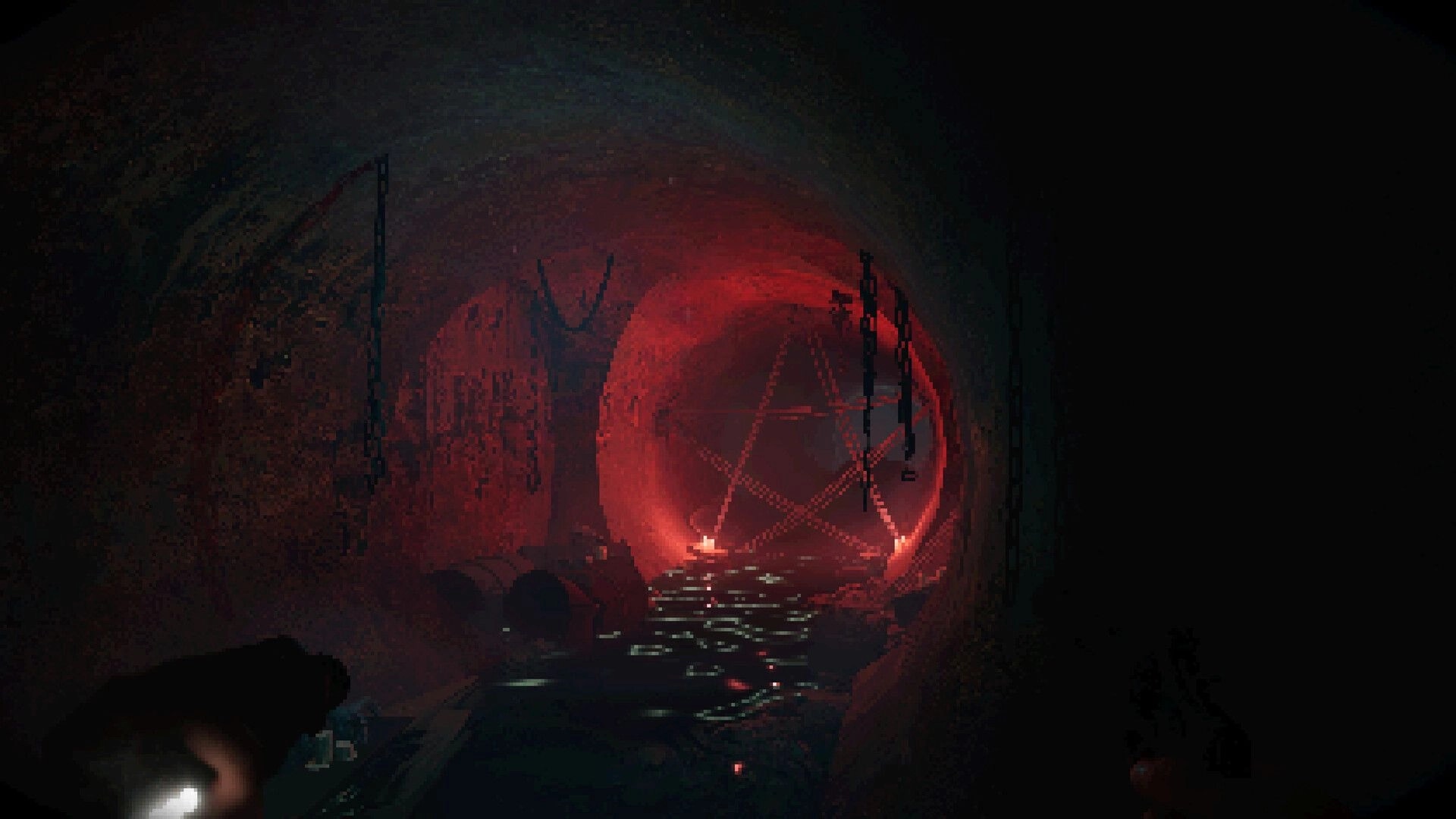Satanic: Dark tunnel with red pentagram, chains, and water reflections in an eerie underground setting.
