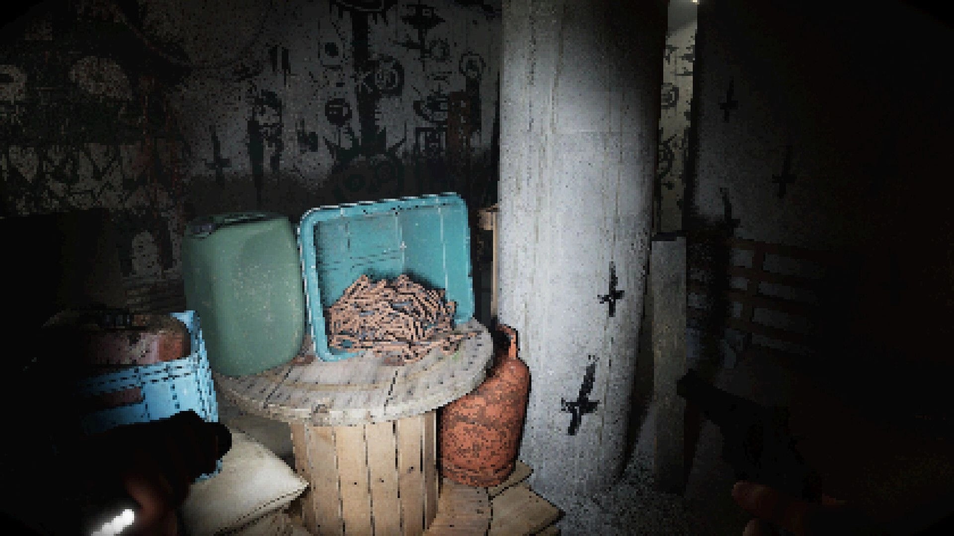 Satanic: Player explores dimly lit bunker with barrels, a crate of chains, and eerie wall symbols.
