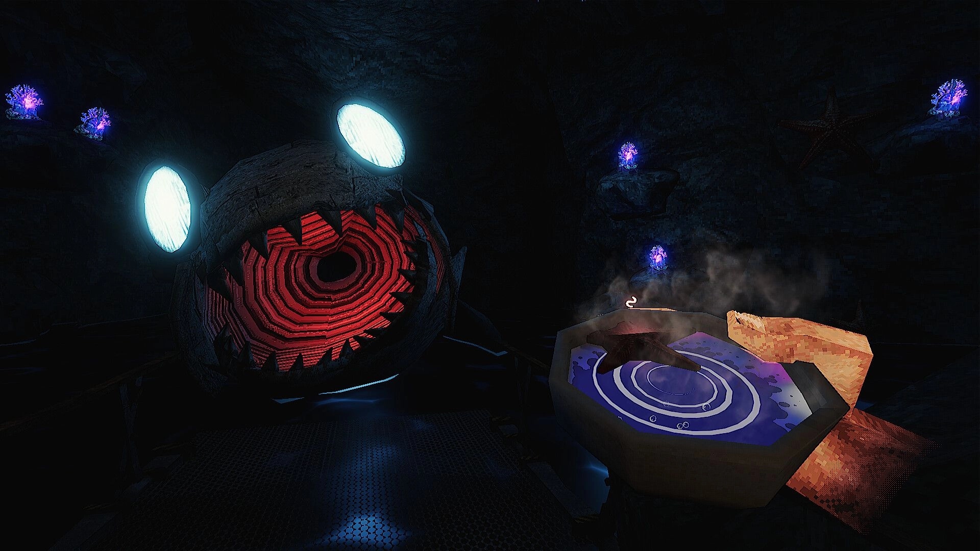 SATED: Giant monster face with glowing eyes looms over a steaming plate in a dark cave kitchen.
