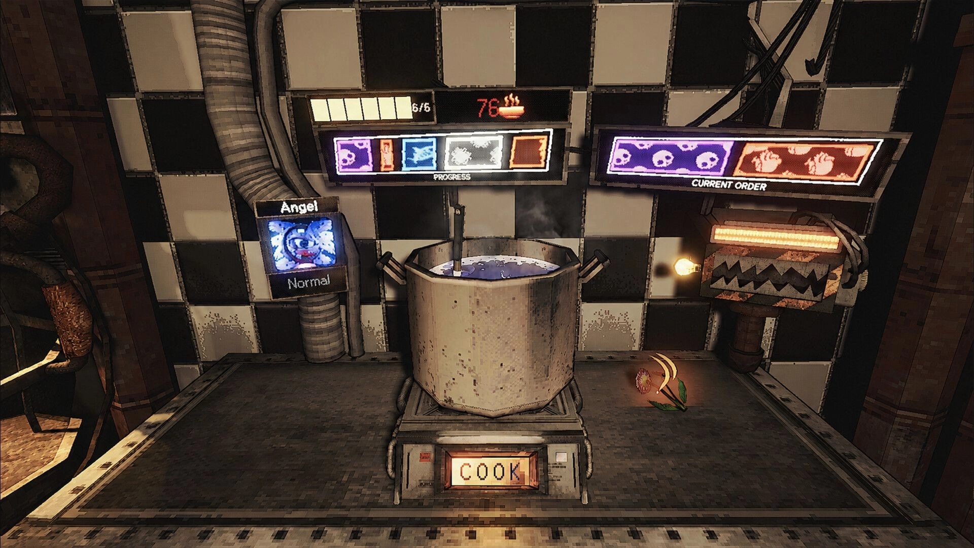 SATED: Cooking station with boiling pot and COOK button, progress and current order UI on tiled wall.