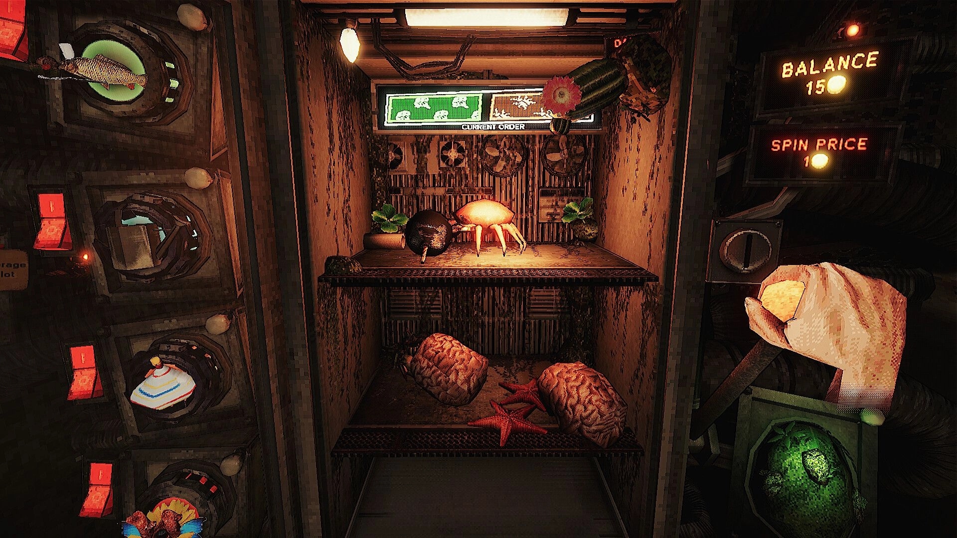 SATED: Player holds cleaver at cursed fridge, choosing grotesque ingredients under order and balance UI.