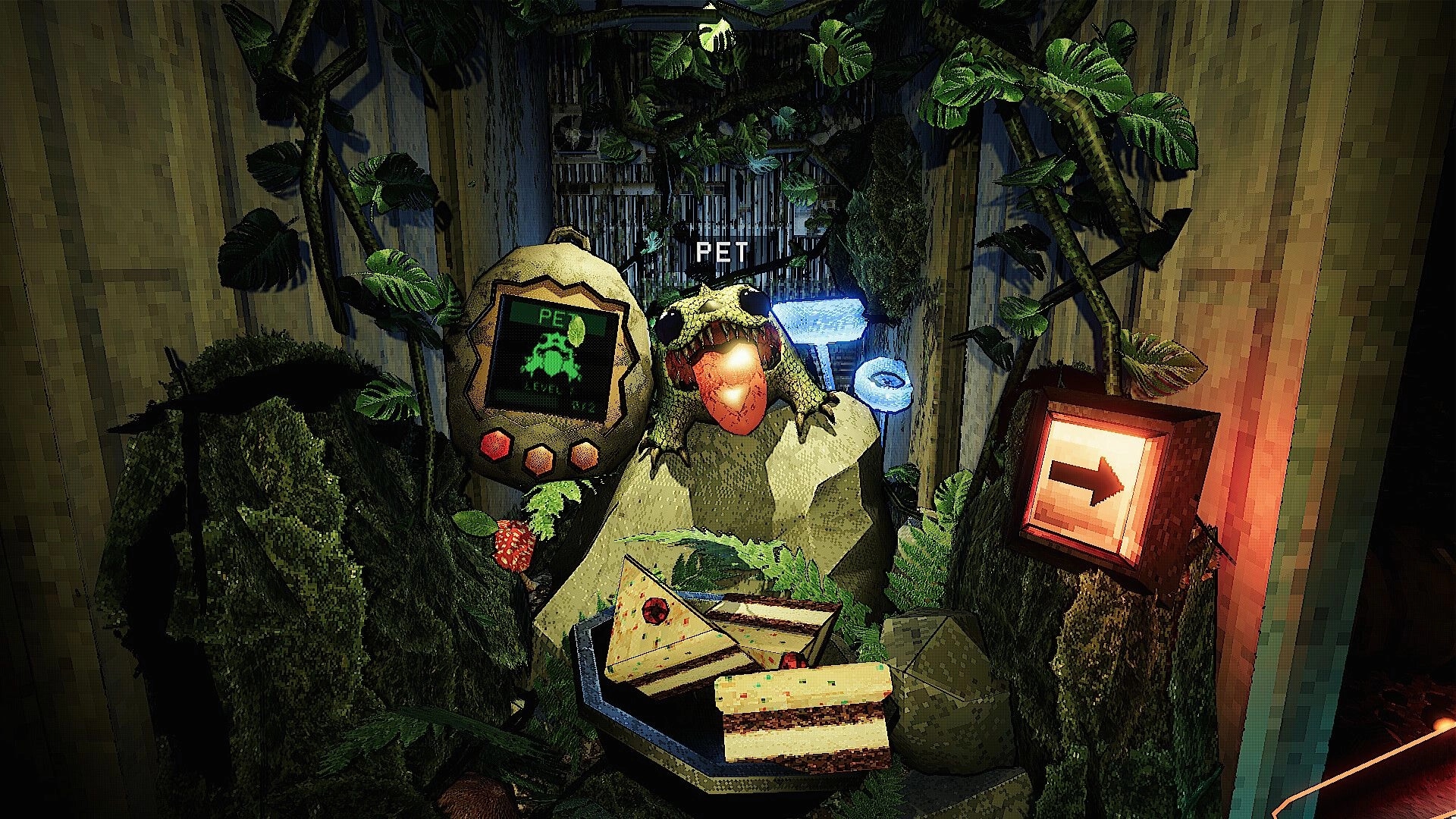SATED: Pet prompt over lizard creature by Tamagotchi-like device in overgrown room with desserts.