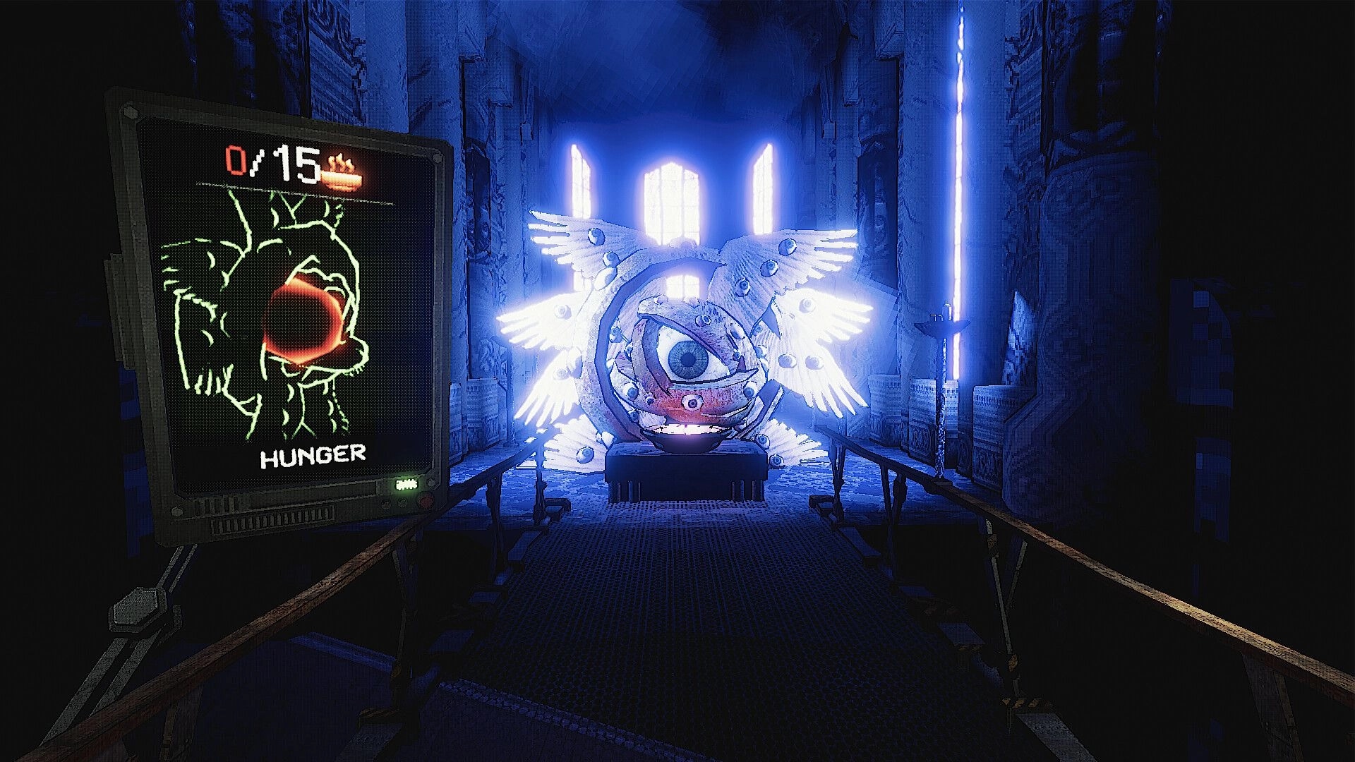 SATED: Hunger status UI and glowing winged eyeball altar at end of a blue-lit stone corridor.