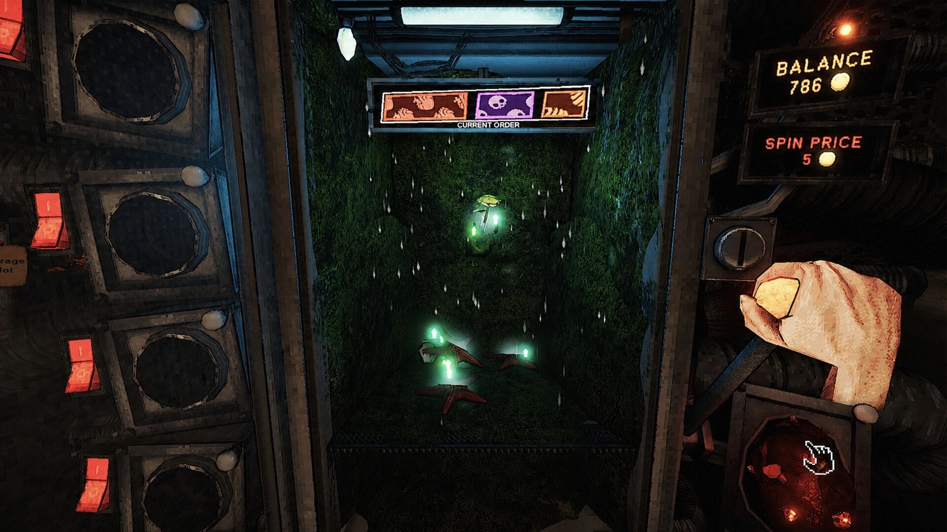 SATED: Spinning ingredient wheel UI with current order icons inside a grimy fridge-like chamber.