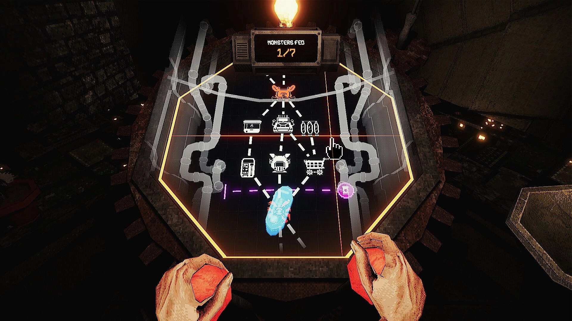 SATED: Overhead map selection with node icons and "Monsters fed 1/?" counter in dark pit arena.