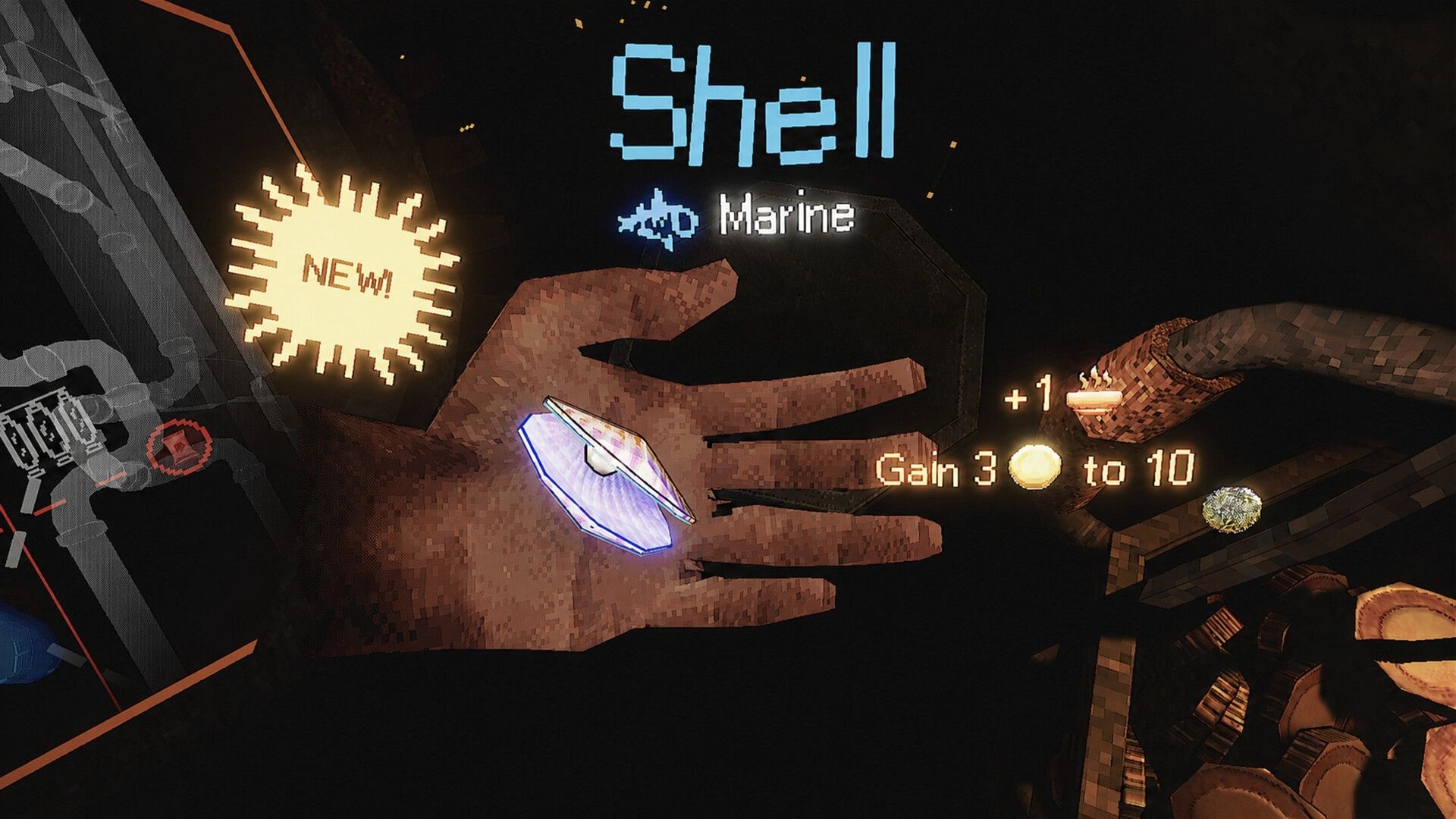 SATED: Shell ingredient unlock pop-up with Marine icon and bonus text over pixelated hand UI screen.