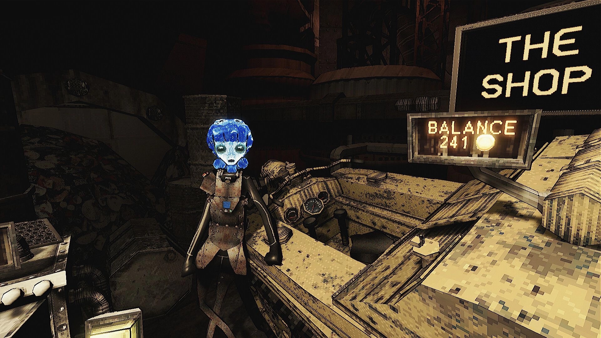 SATED: Blue-haired shopkeeper by counter with BALANCE 241 UI in grimy industrial store area.