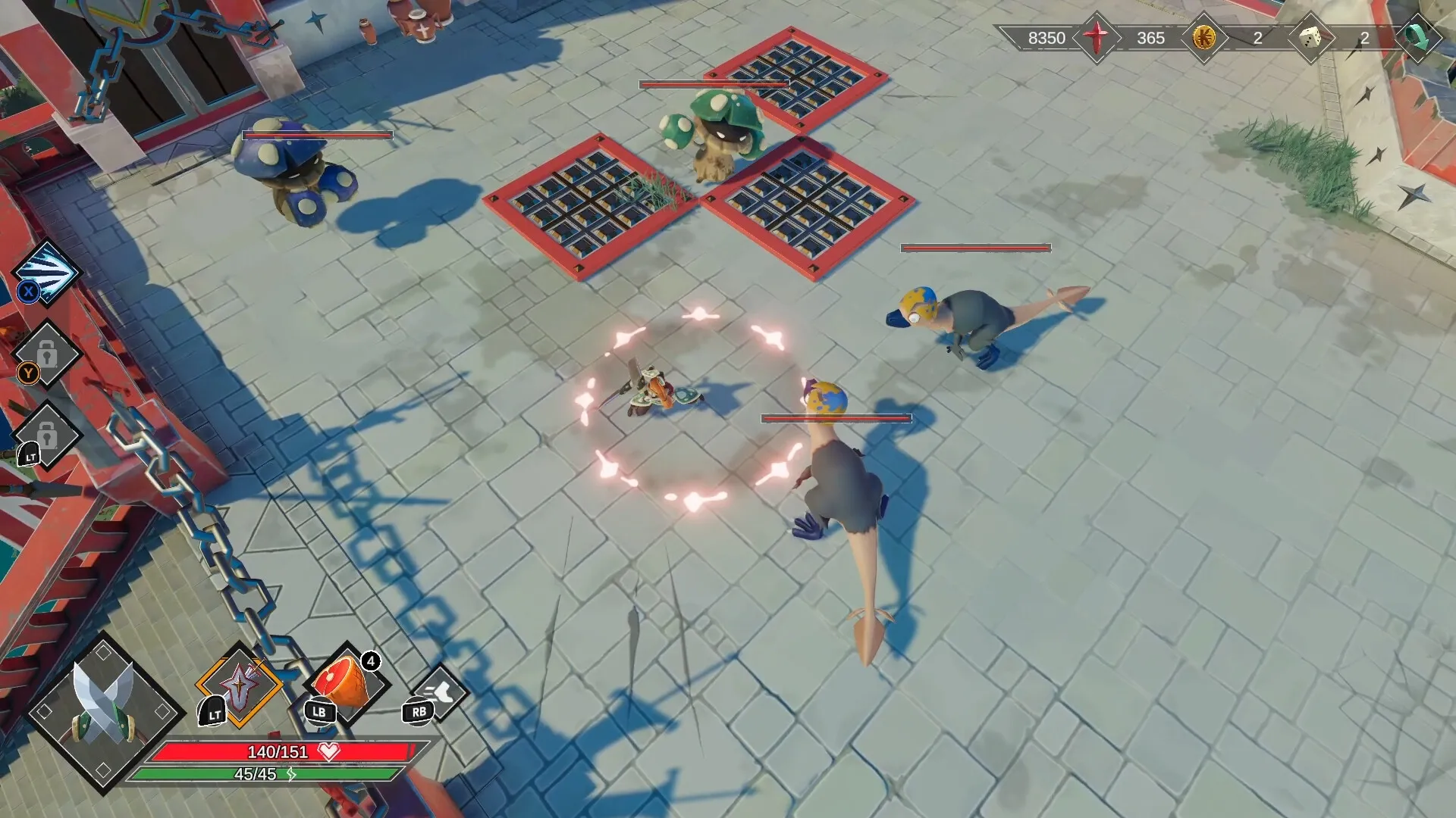 Savara: Player character battles giant mushrooms and birds in a plaza, with health and skills displayed.