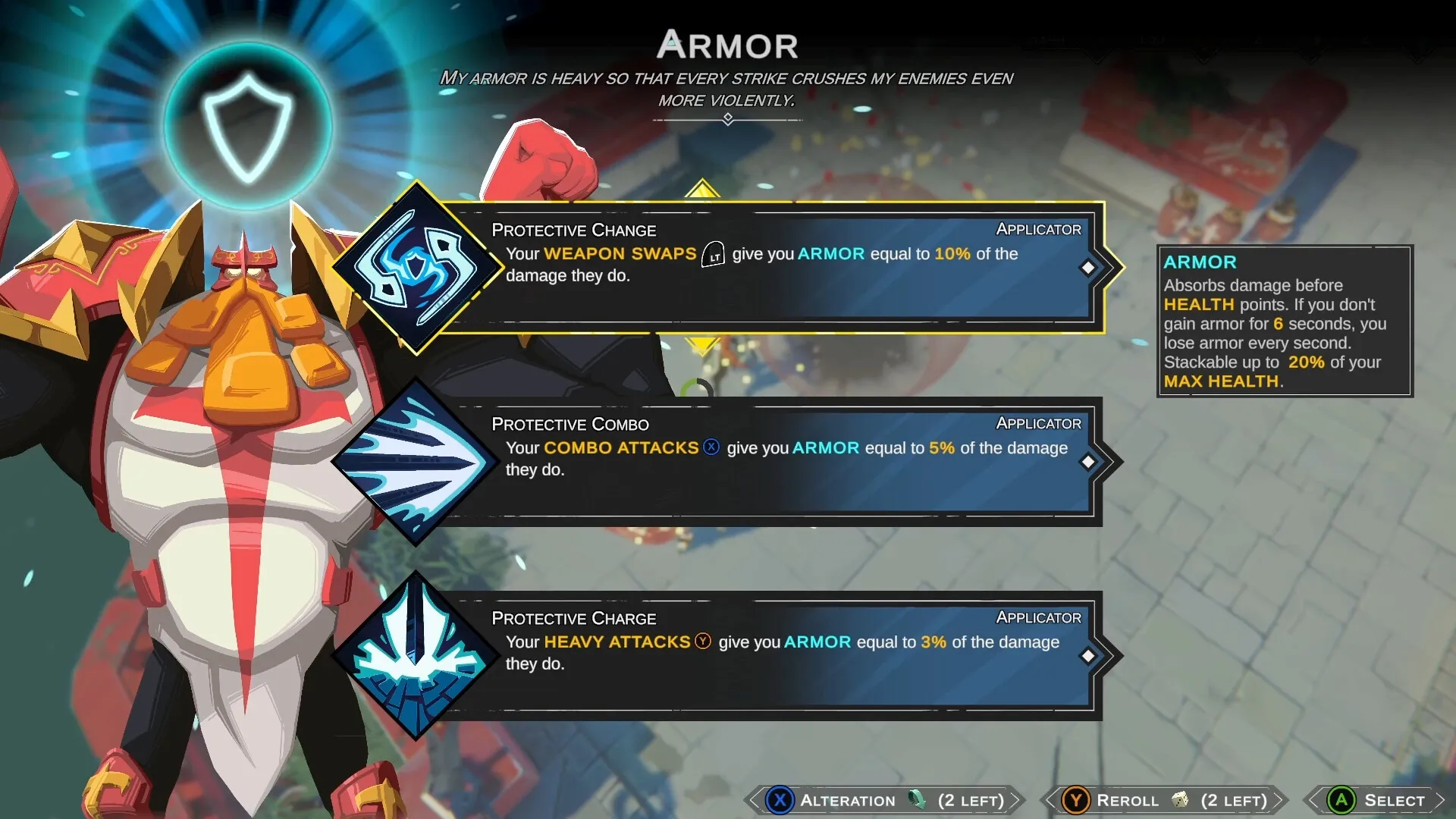 Savara: Armor upgrade menu with protective skill options and character in ceremonial attire