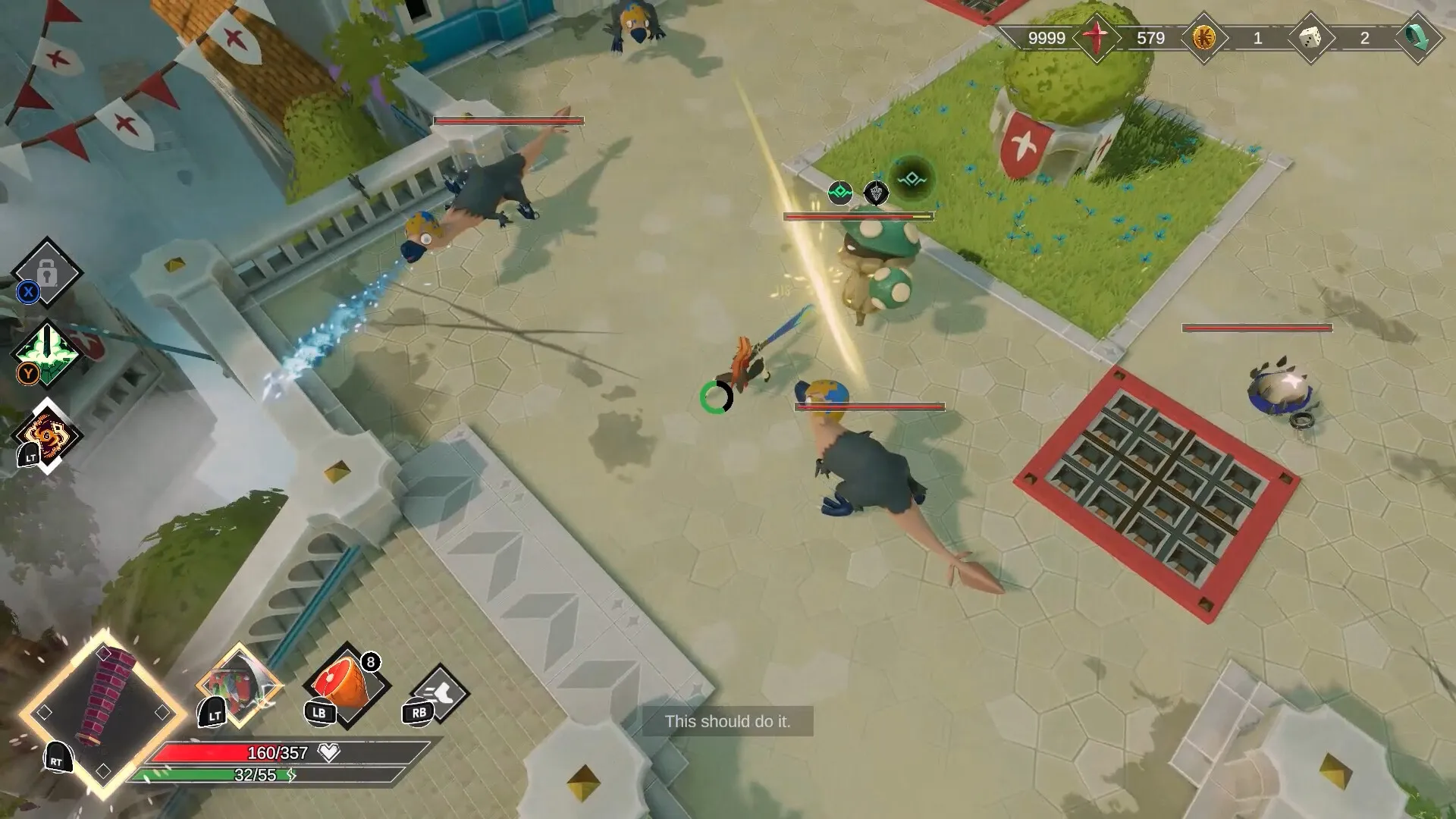 Savara: Hero battling monsters in a courtyard with health bar and abilities displayed on the screen