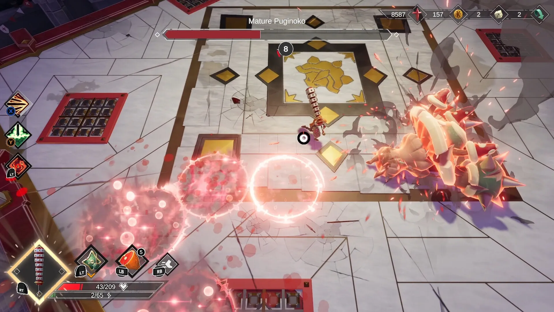 Savara: Combat with Mature Puginoko in a tiled arena, player health and abilities displayed on screen.