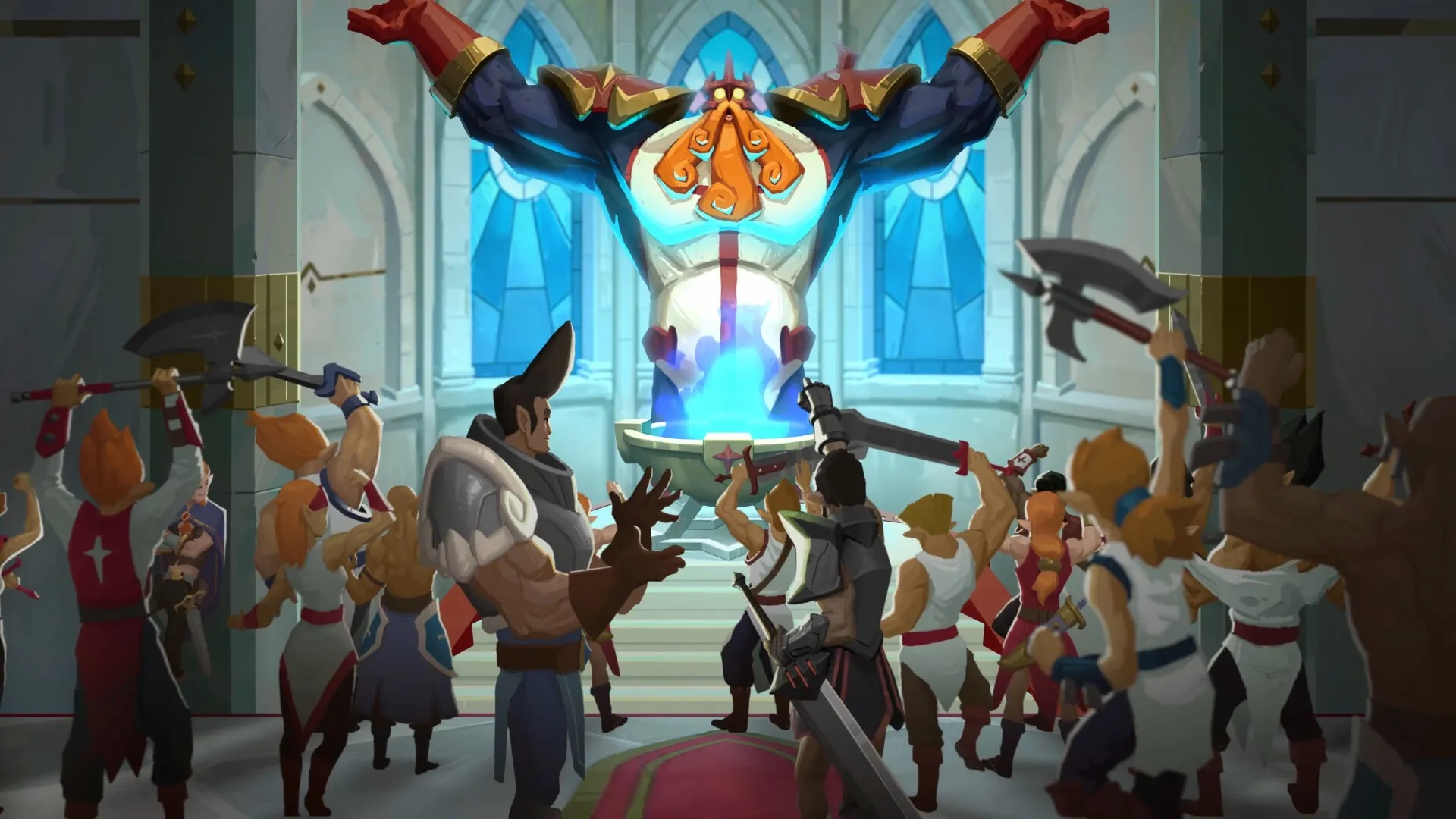 Savara: Warriors cheer before a massive statue in a grand hall with blue stained-glass windows.