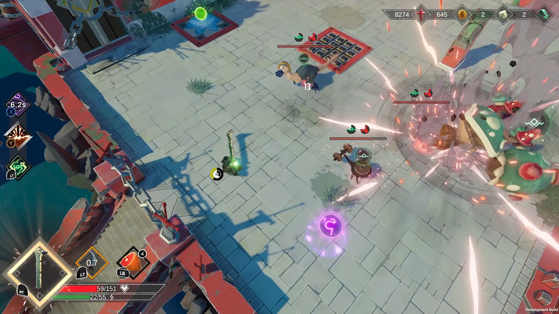 Savara: Player battles giant mushroom monster with spells and weapons in a vibrant courtyard setting