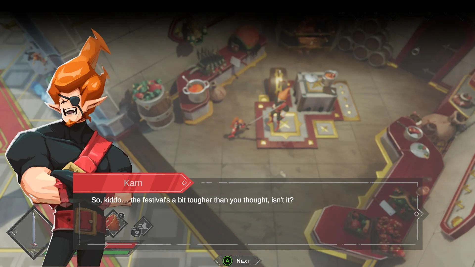 Savara: Karn speaking with player in a festive hall, food stalls and combat arena visible in the background.