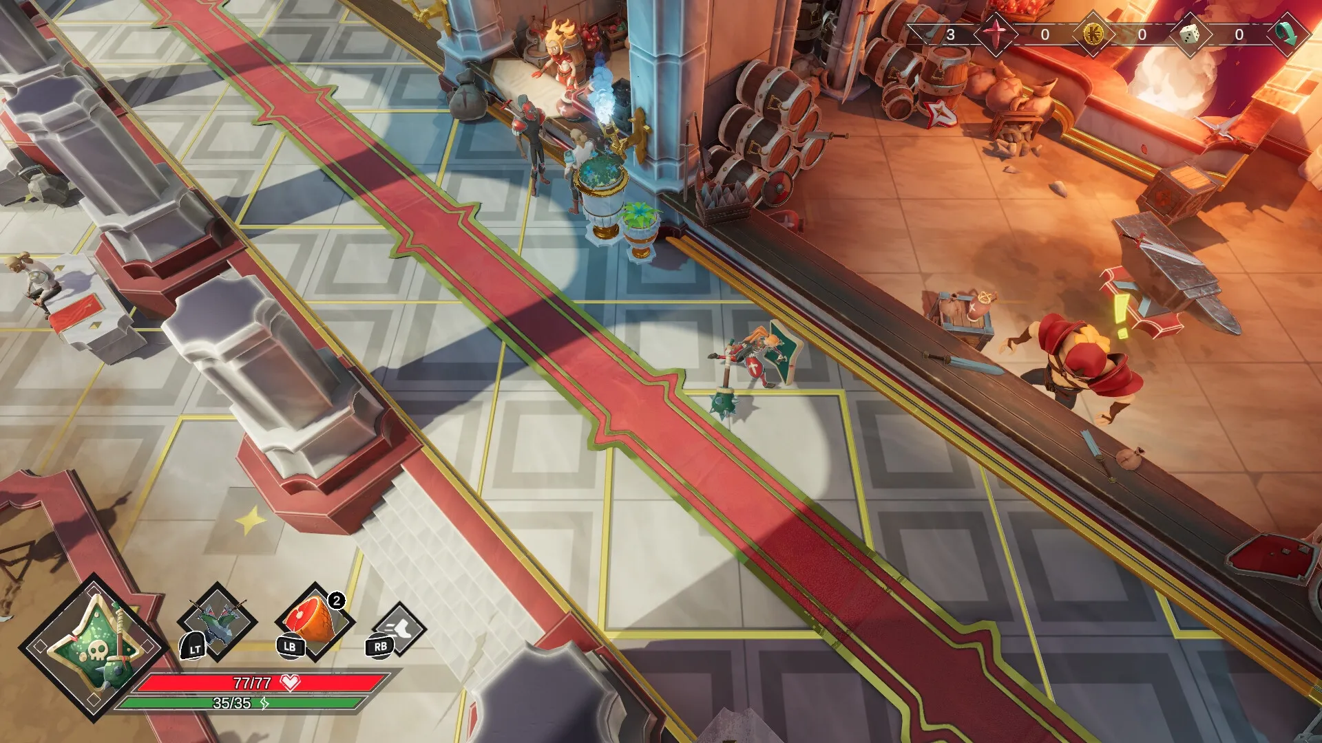 Savara: Overhead view of character exploring vibrant hall with inventory and health HUD elements visible