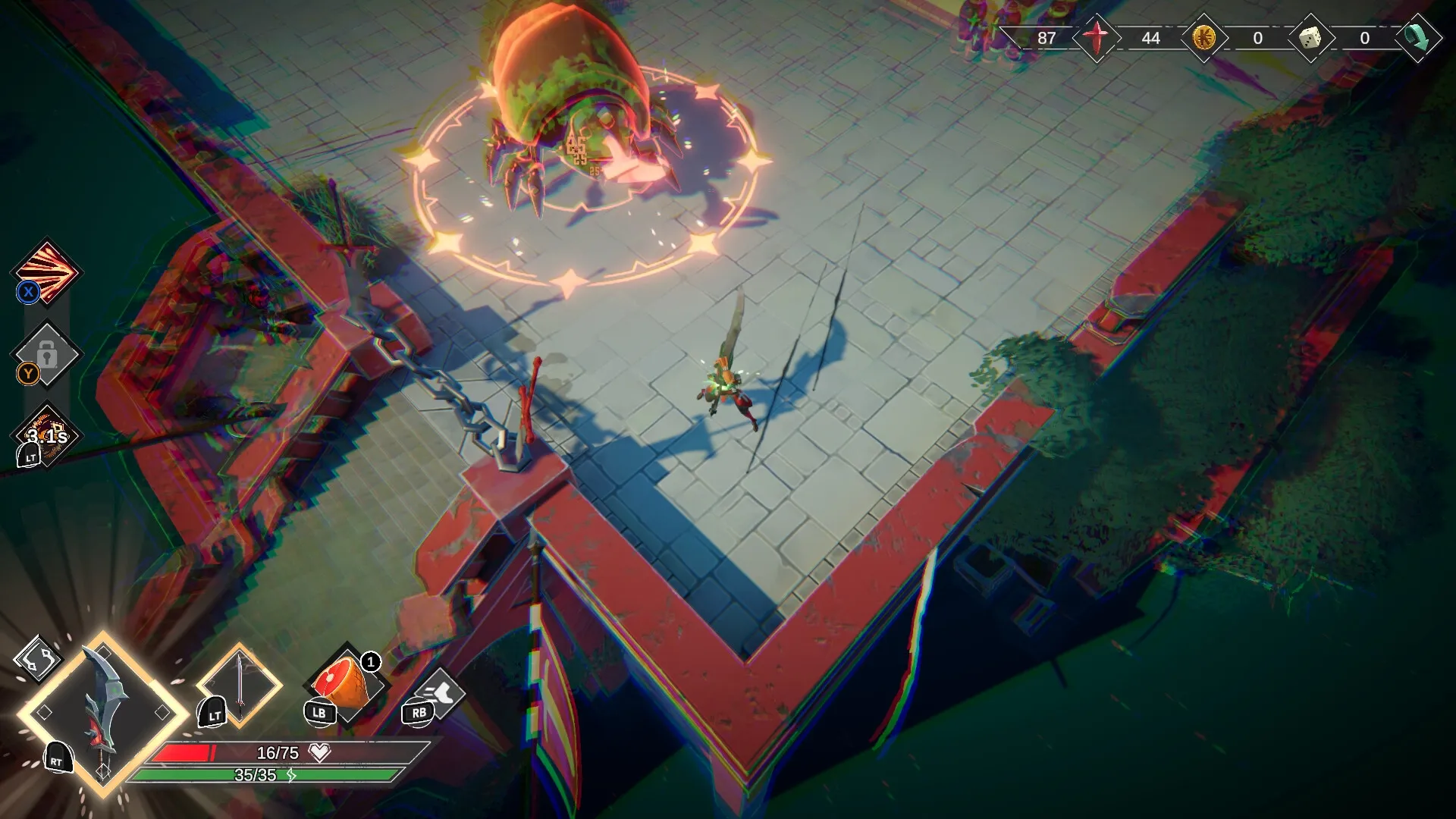 Savara: Player engages giant armored beetle in rooftop battle, with health and skill icons on display.