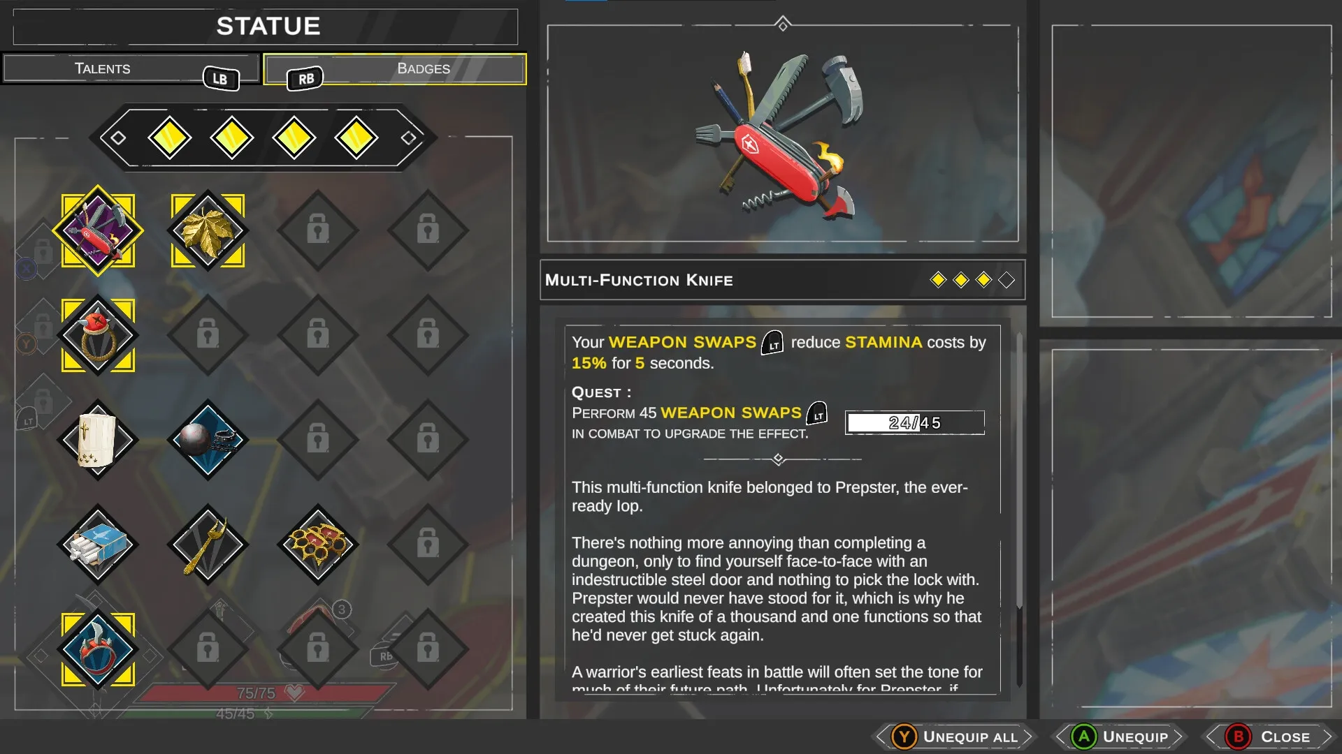 Savara: Badge selection interface with multi-function knife details and weapon swap quest progress