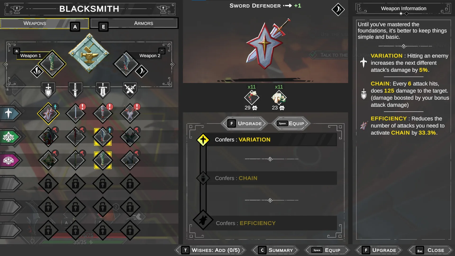 Savara: Blacksmith menu displaying weapon upgrades and detailed attributes in a workshop setting