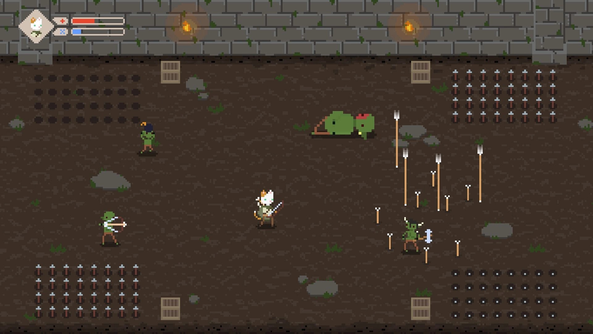 Save My Human: Dog battles goblins in a dungeon with arrows and health bar in pixel art style