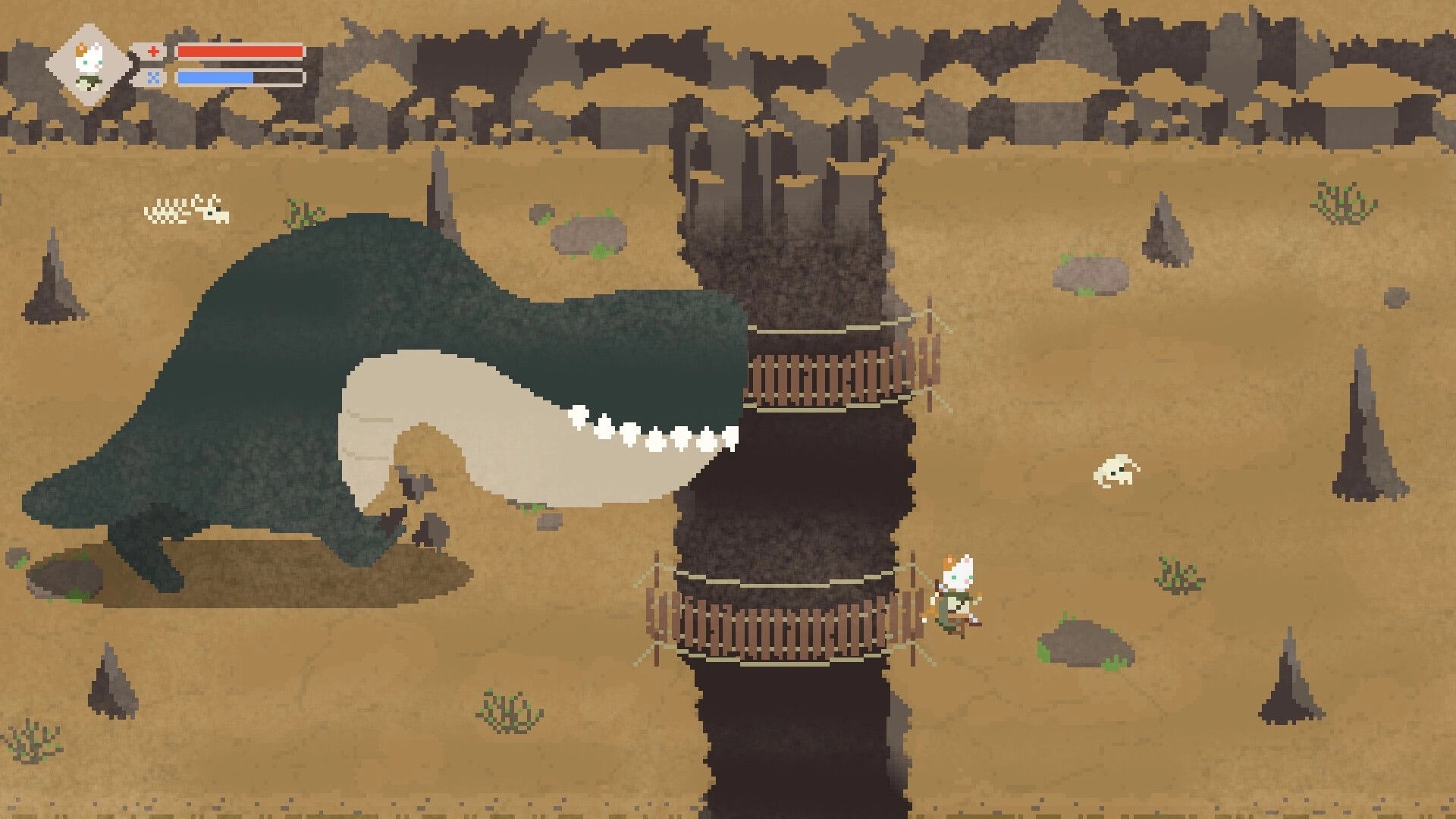 Save My Human: Dog faces giant creature across a chasm in desert canyon with health bar visible