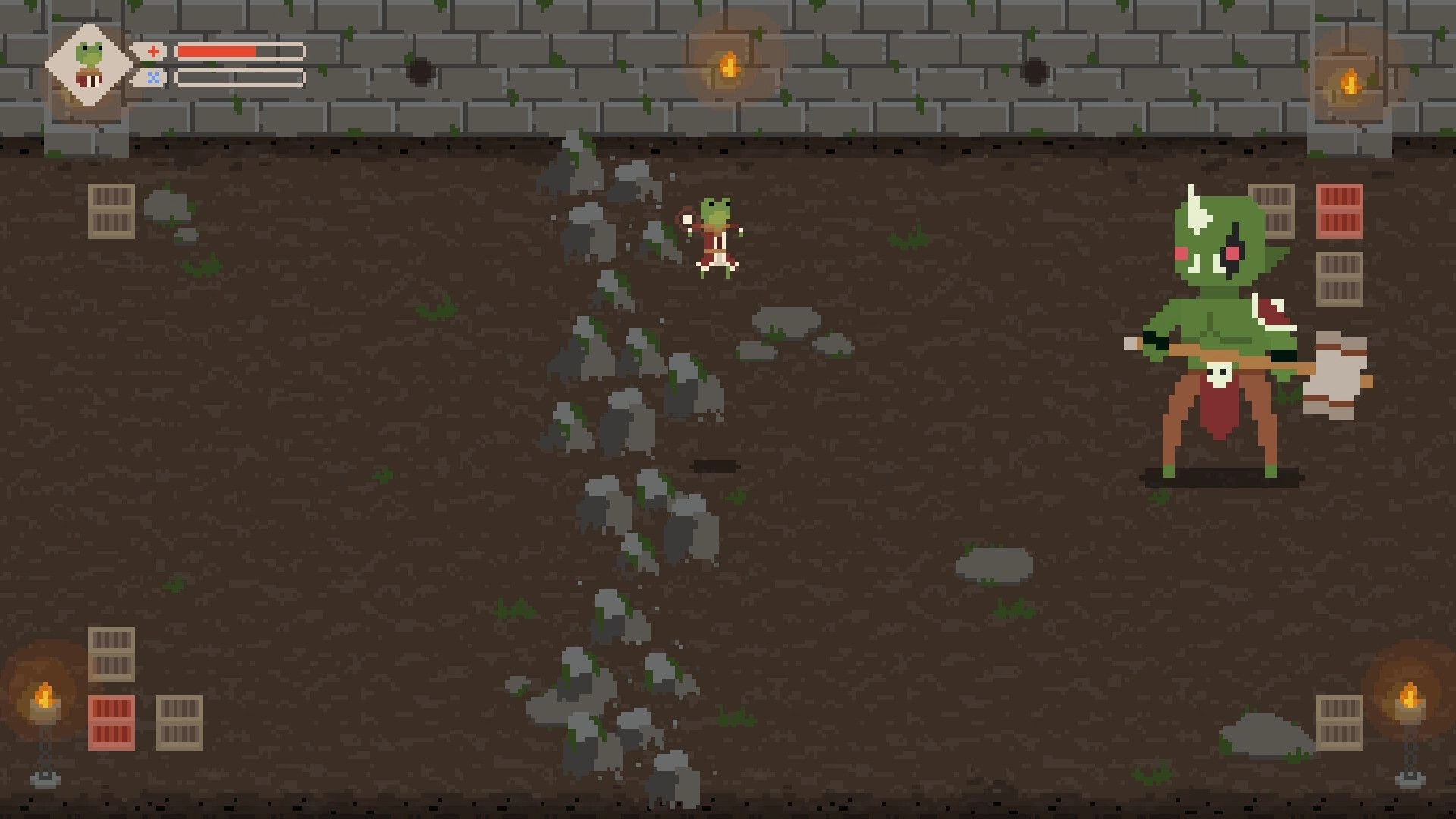 Save My Human: Pixelated dog faces lizard enemy in dungeon with health bar and torches visible