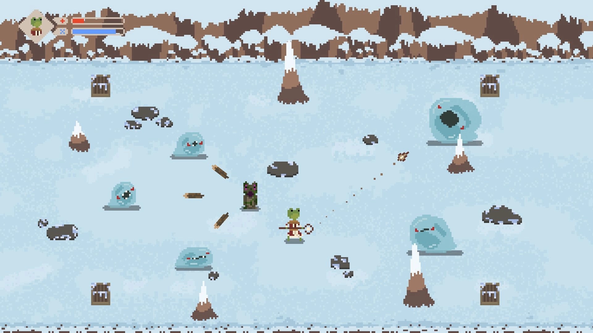 Save My Human: Dog battling icy blobs in a snowy landscape with UI health and magic bars displayed