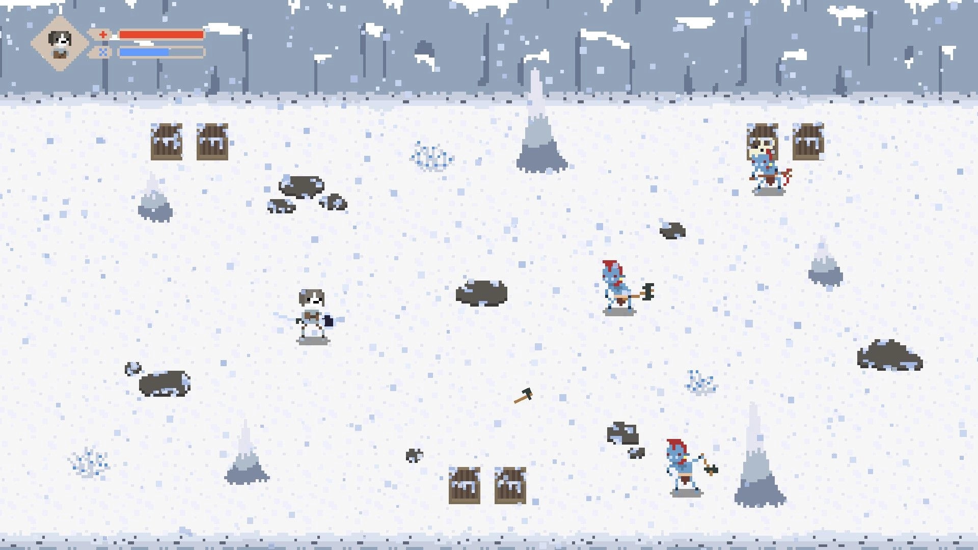 Save My Human: Dog exploring snowy field with scattered rocks, trees, and two enemies approaching.