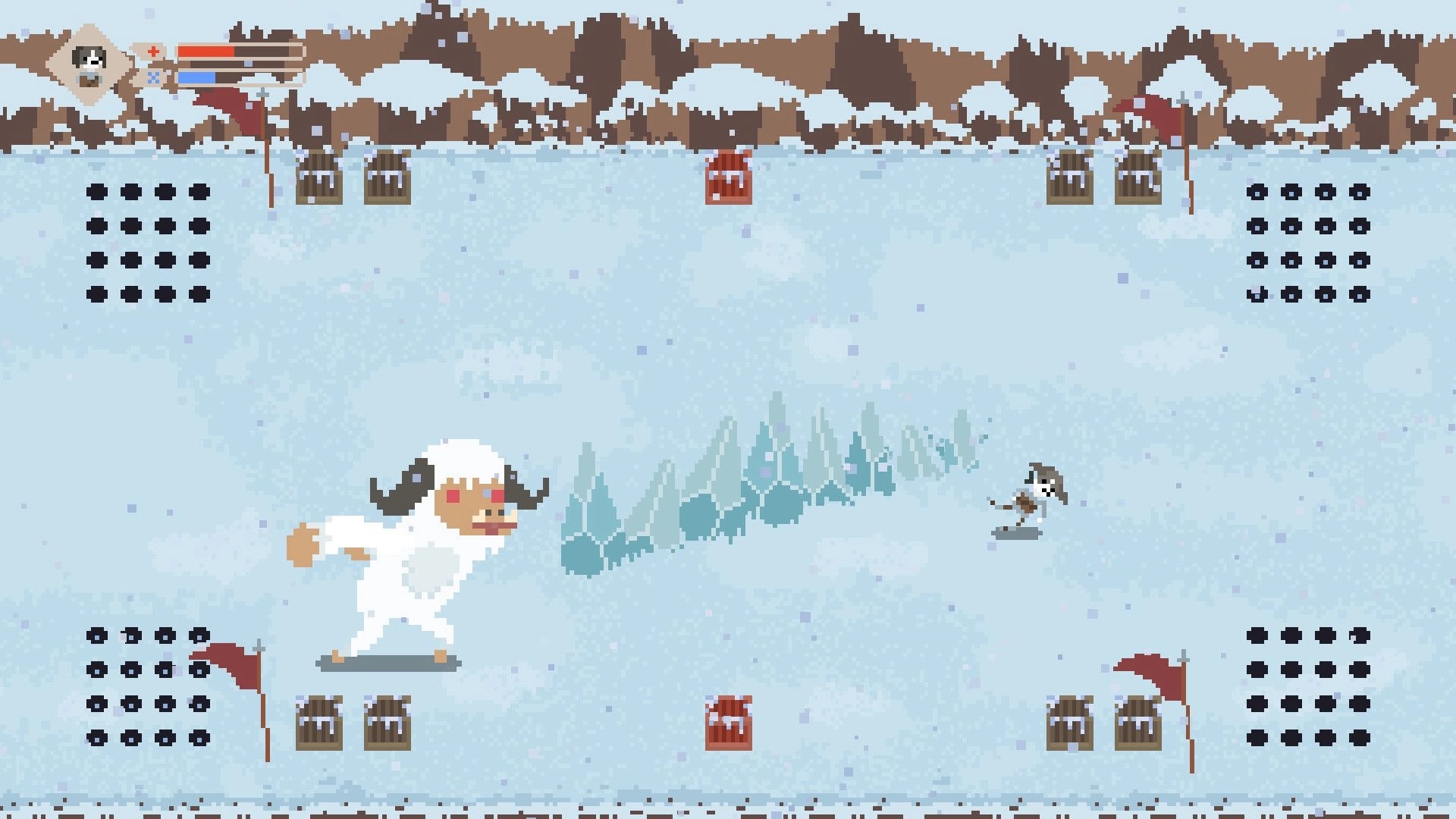Save My Human: Dog dodges ice attack from a yeti in a snowy arena with health bar shown