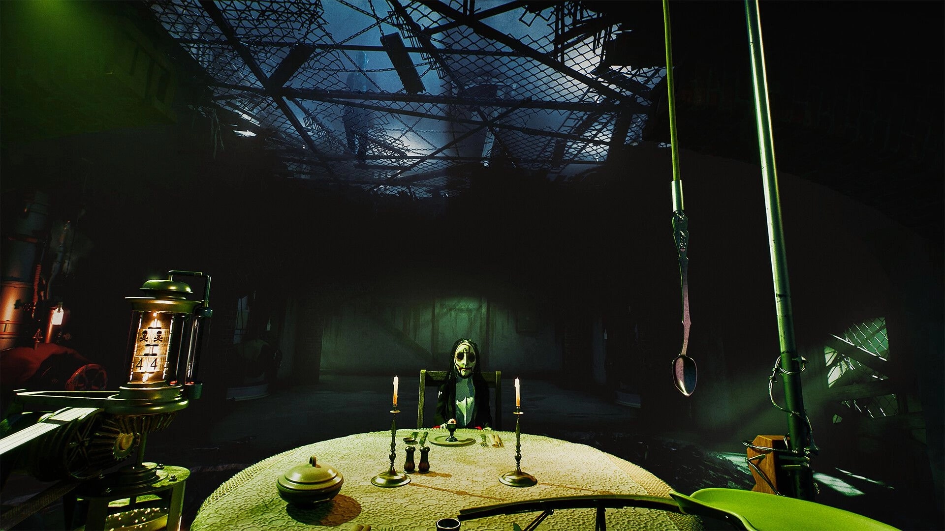 SAW: Masked doll sits at candlelit dinner table in a dark industrial room with hanging hooks.