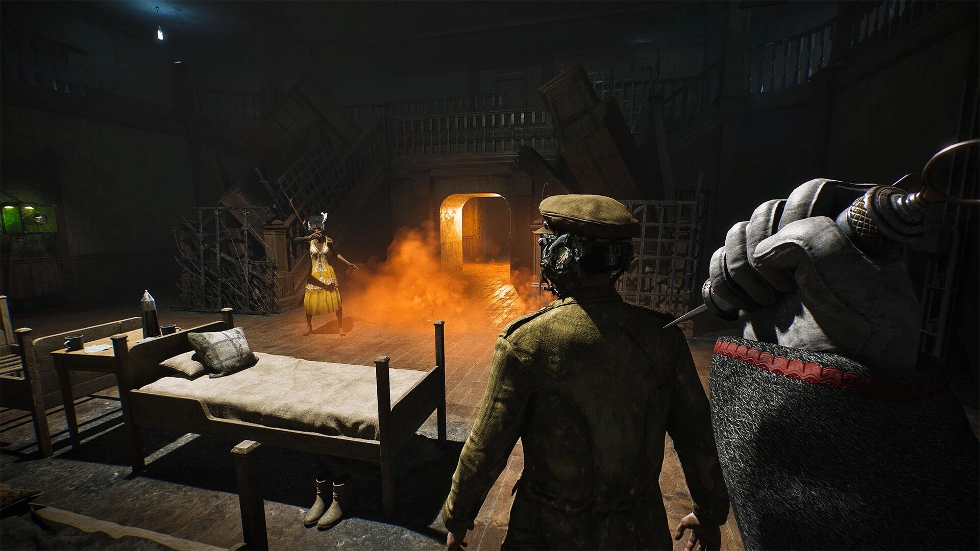 SAW: First-person view aiming a syringe at a captive in a cluttered room with a smoky doorway ahead.