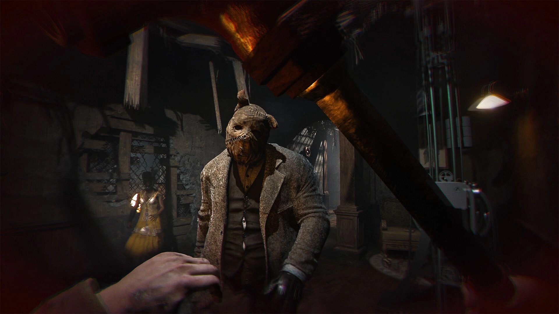 SAW: First-person view facing a masked killer in a grimy workshop with hanging blades and cages.