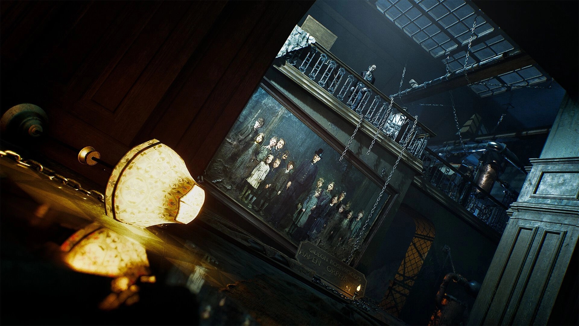 SAW: Tilted view of a hanging orphanage group photo and broken lamp in a grim industrial hall.