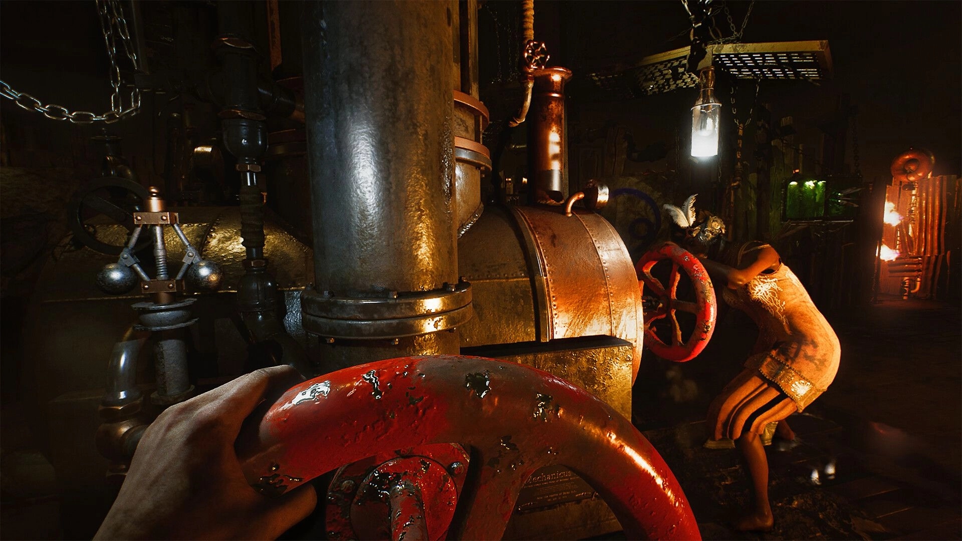 SAW: First-person view turning a red valve beside a masked captive in a grimy boiler room trap area.