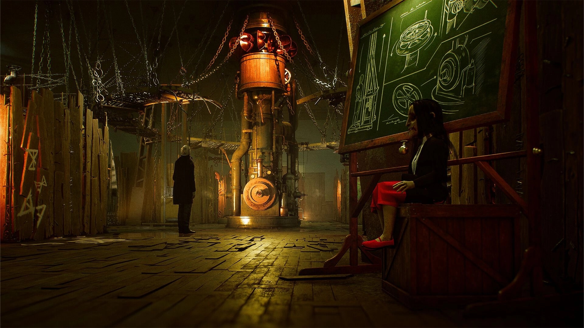 SAW: Player faces a towering trap machine while a doll sits by blueprints in a grim workshop maze.