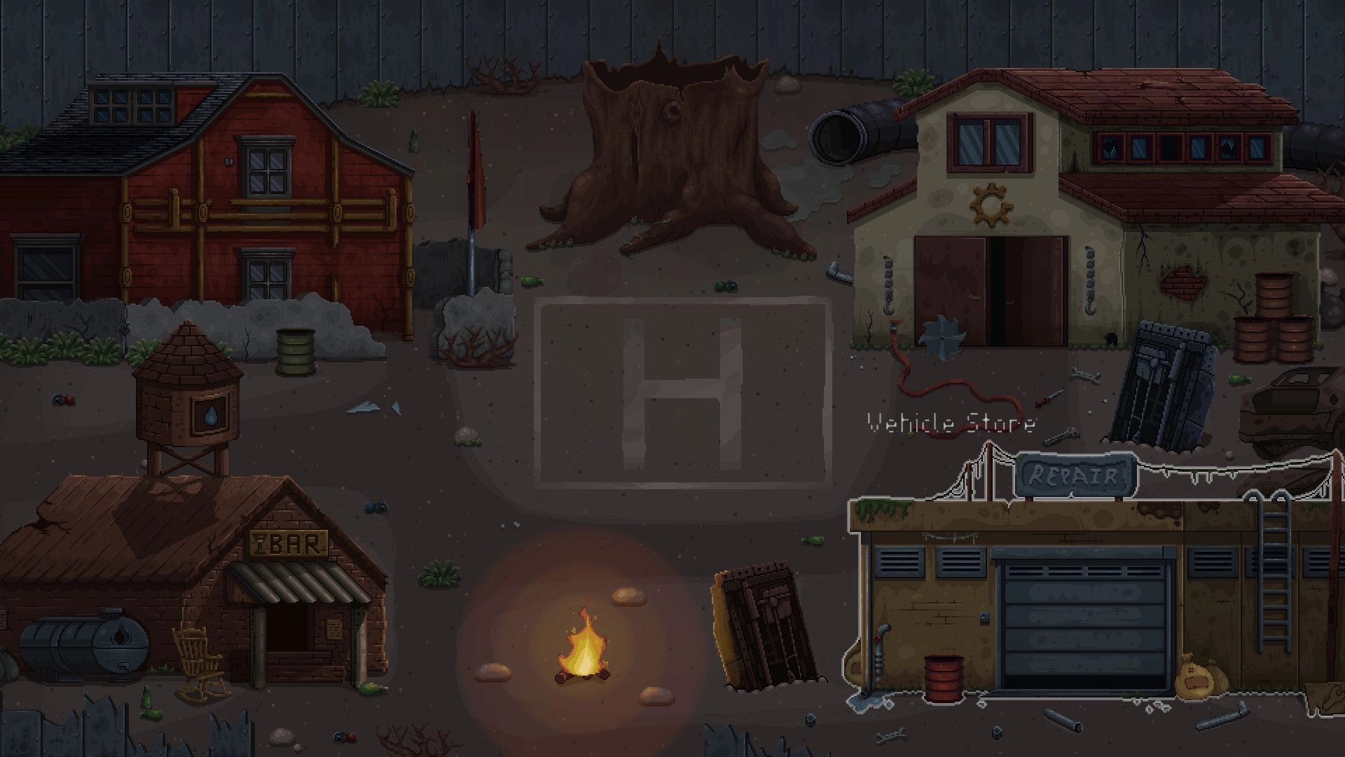 SCAD: Overhead view of a post-apocalyptic village with a bar, vehicle store, and campfire setting