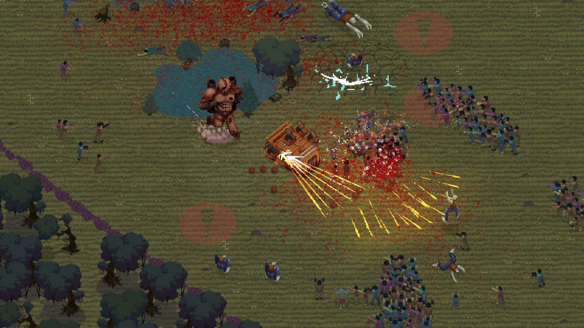 SCAD: Vehicle combat against zombie hordes in a grassy field with explosions and scattered bodies.